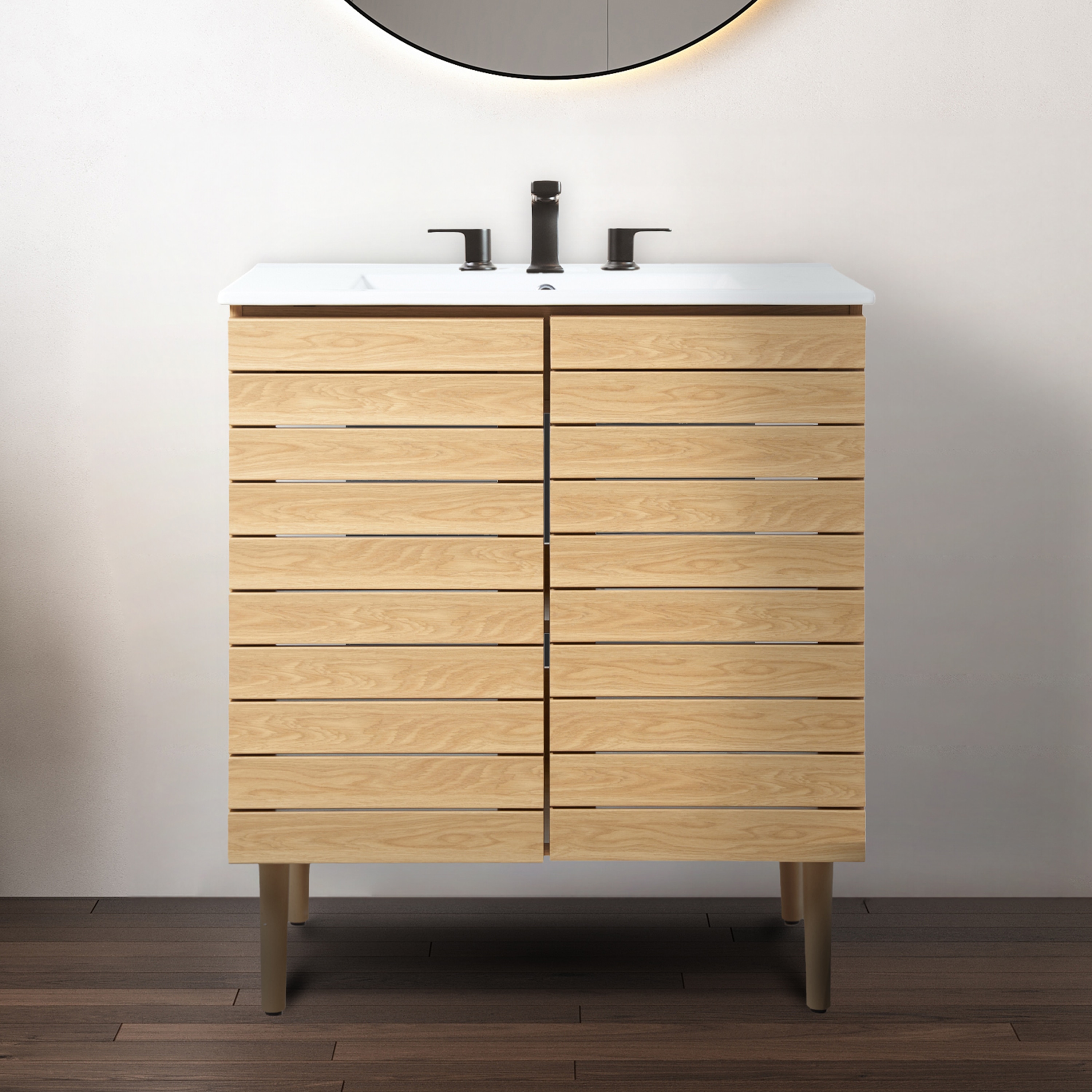 JONATHAN  Y VAN1002A Aubert Thick Linear Slat Modern Farmhouse 30-in Oak Bathroom Vanity Base Cabinet without Top