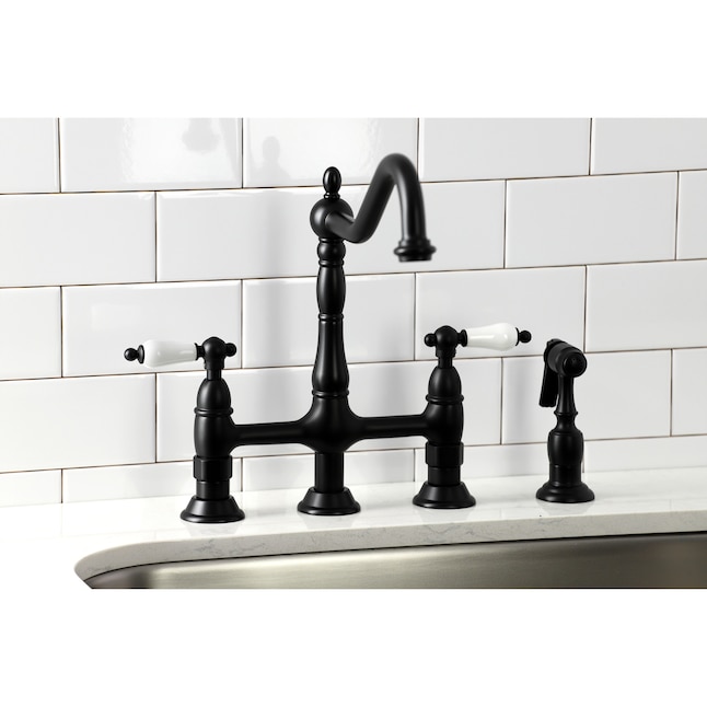 Kingston Brass Heritage Matte Black 2-Handle Deck-Mount Bridge Handle Kitchen Faucet Kingston Brass Heritage Matte Black 2-Handle Deck-Mount Bridge Handle Kitchen Faucet