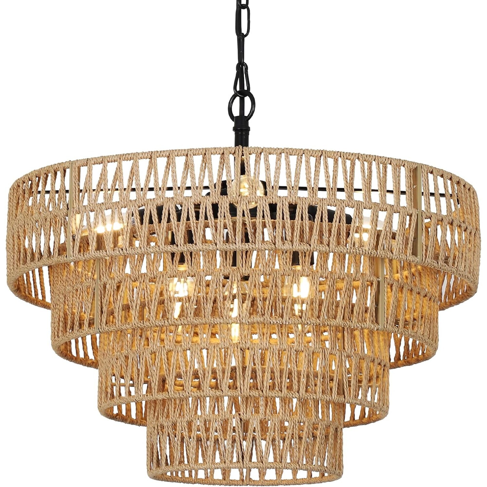 HyperDrop Cart 20 Boho 4-Tier Woven Rattan 6-Light Farmhouse Chandelier for Dining Living Room