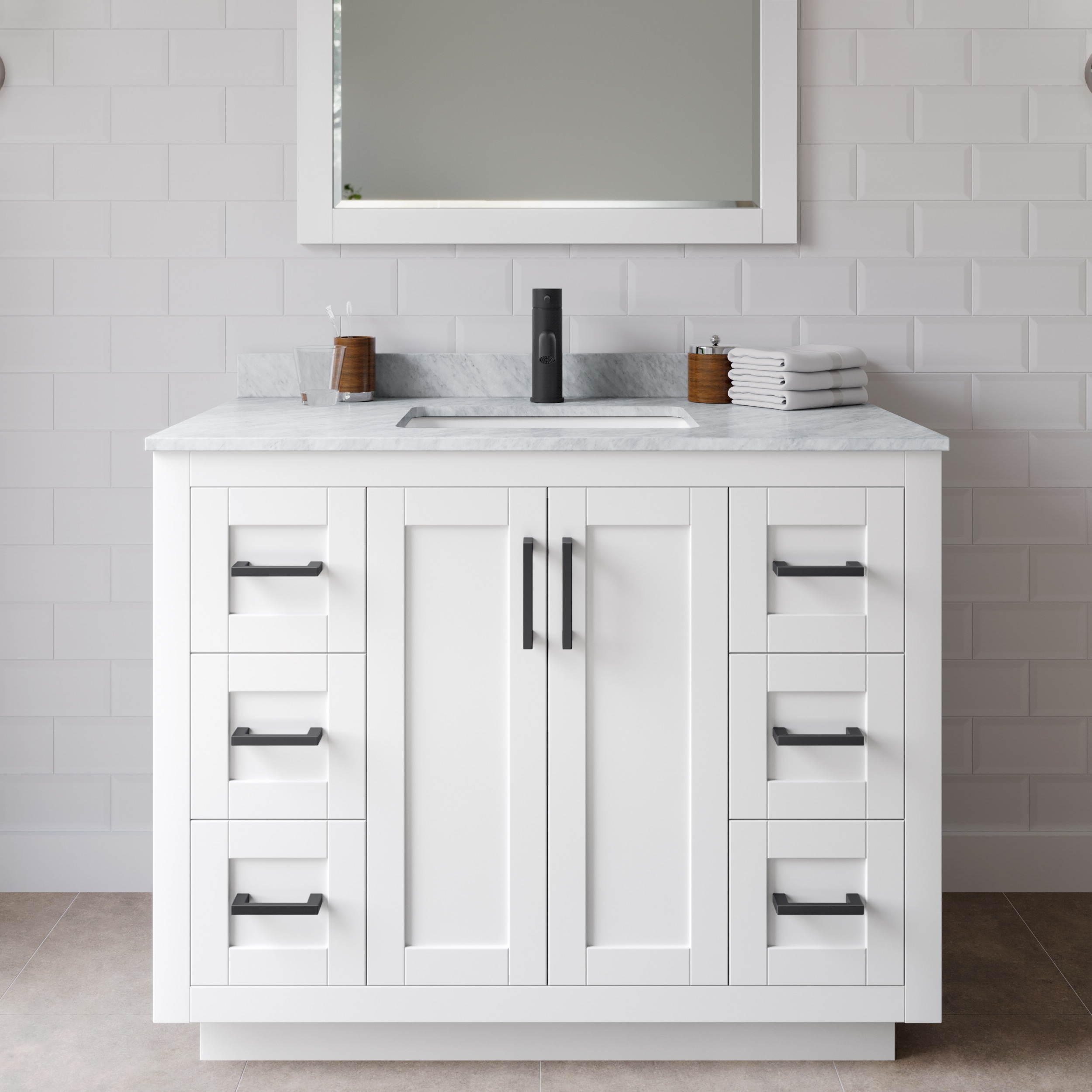 Wyndham Collection WCF292942SWBCMUNSMXX Miranda 42-in White with Matte Black Trim Undermount Single sink Bathroom Vanity with White Carrara Marble Marble Top