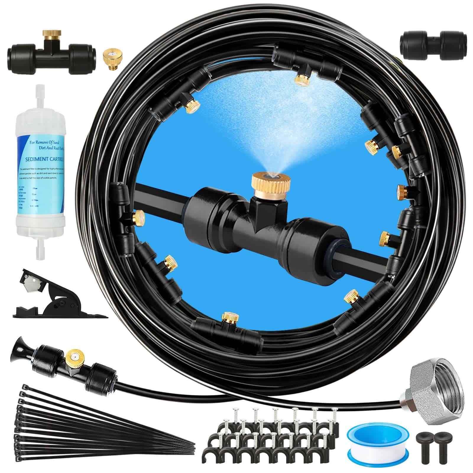 Aoibox  50FT Outdoor Misting System Kit 17 Nozzles Water Filter Brass 34 Adapter Leak Free Hose for Patio Garden Greenhouse Cooling 1 Set