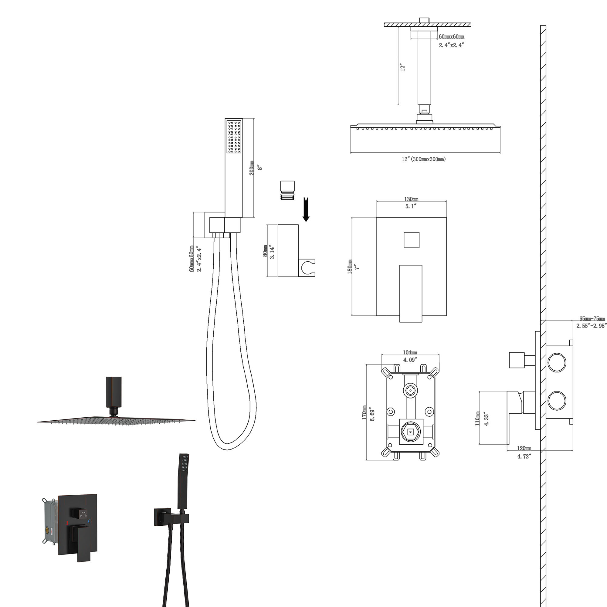 Mondawe MOEB112-10MB Showerhead-Bar-Panels - View #9