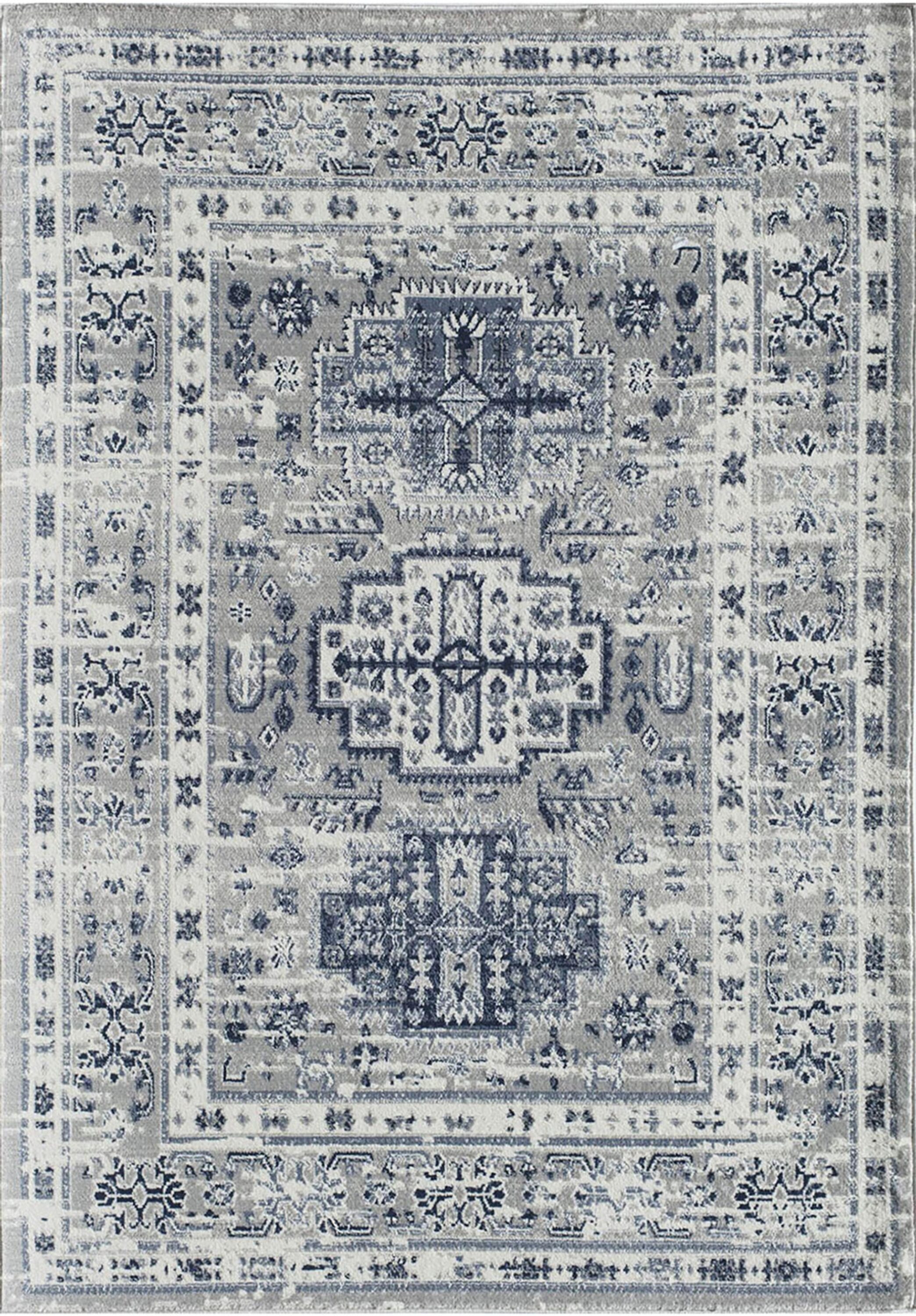 Gray and Navy Floral Synthetic Area Rug, 5'3" x 7'