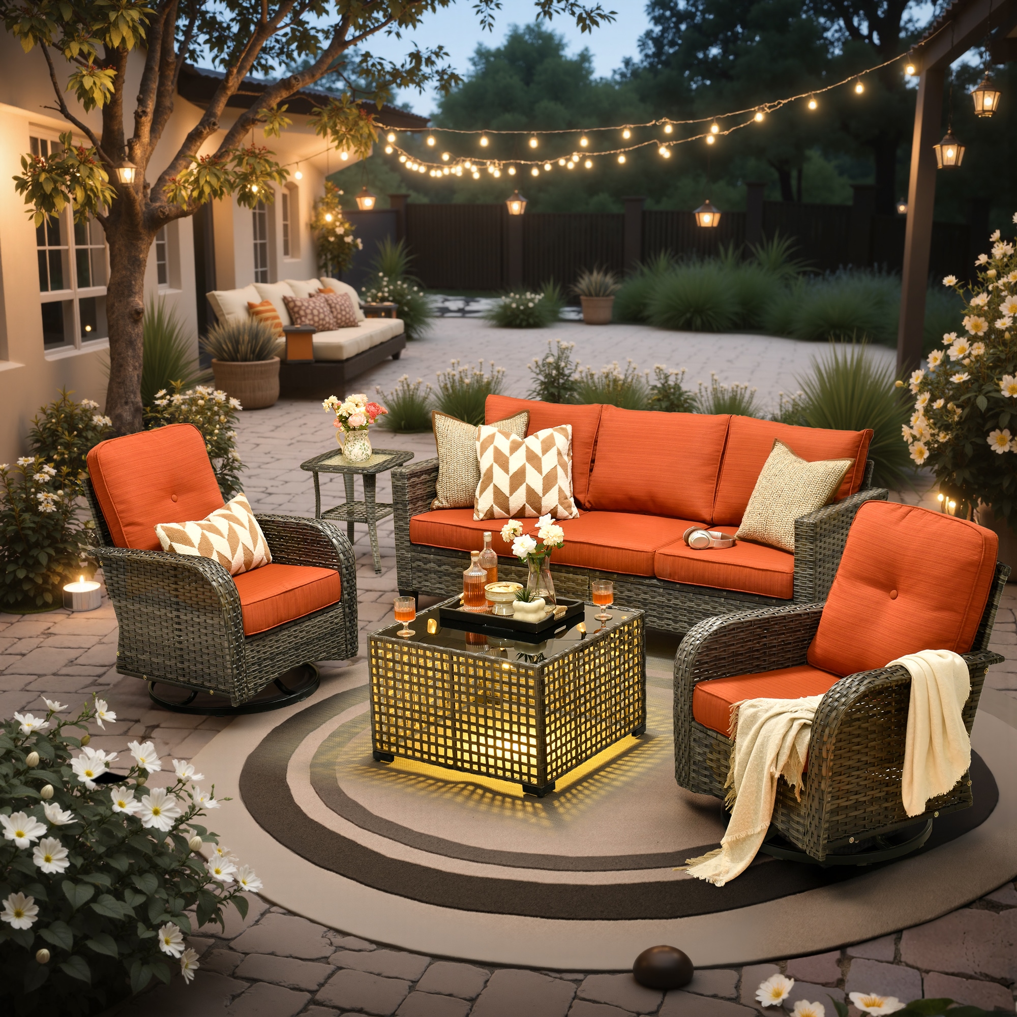 XIZZI XINGRS8052-T Sapphire 5 -Piece Rattan Patio Sofa Conversation Set with Orange Cushions