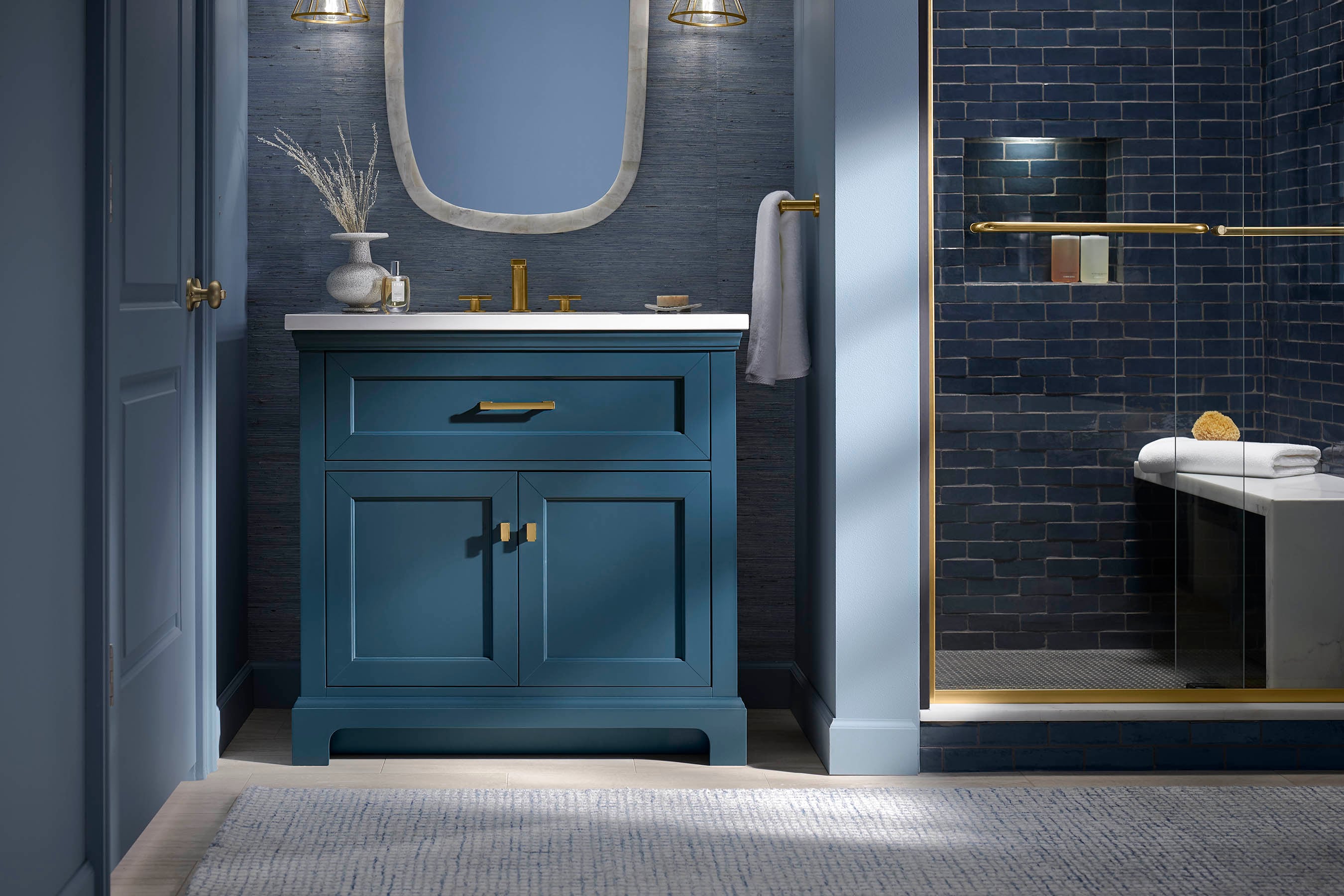 KOHLER 29261-BD1-TDB Charlemont 36-in Tidal Blue Undermount Single sink Bathroom Vanity with Pure White Quartz Top