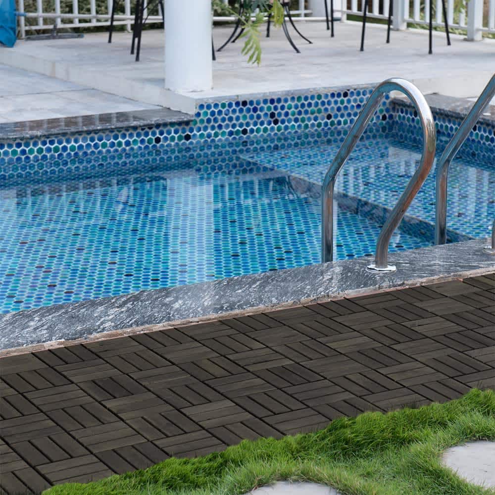 JUJABU Dark Brown 12Inch x 12Inch 30PCS Acacia Wood Deck Tiles Checker Pattern Outdoor Flooring for Patio #DECKTILE-1