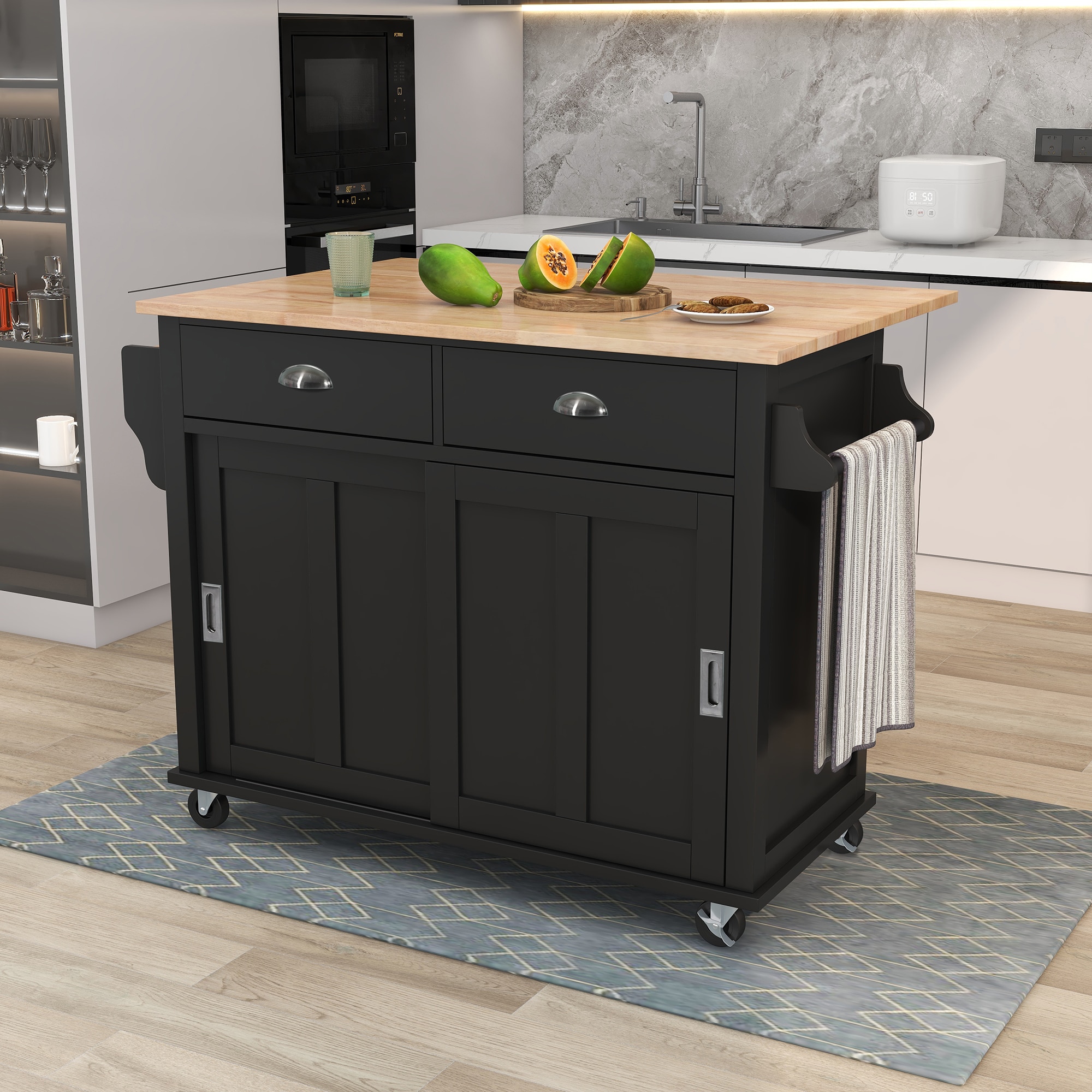 Xspracer ML-KI001AAB Black MDF Base with Wood Wood Top Rolling Kitchen Island ( 21-in x 52-in x 37-in )