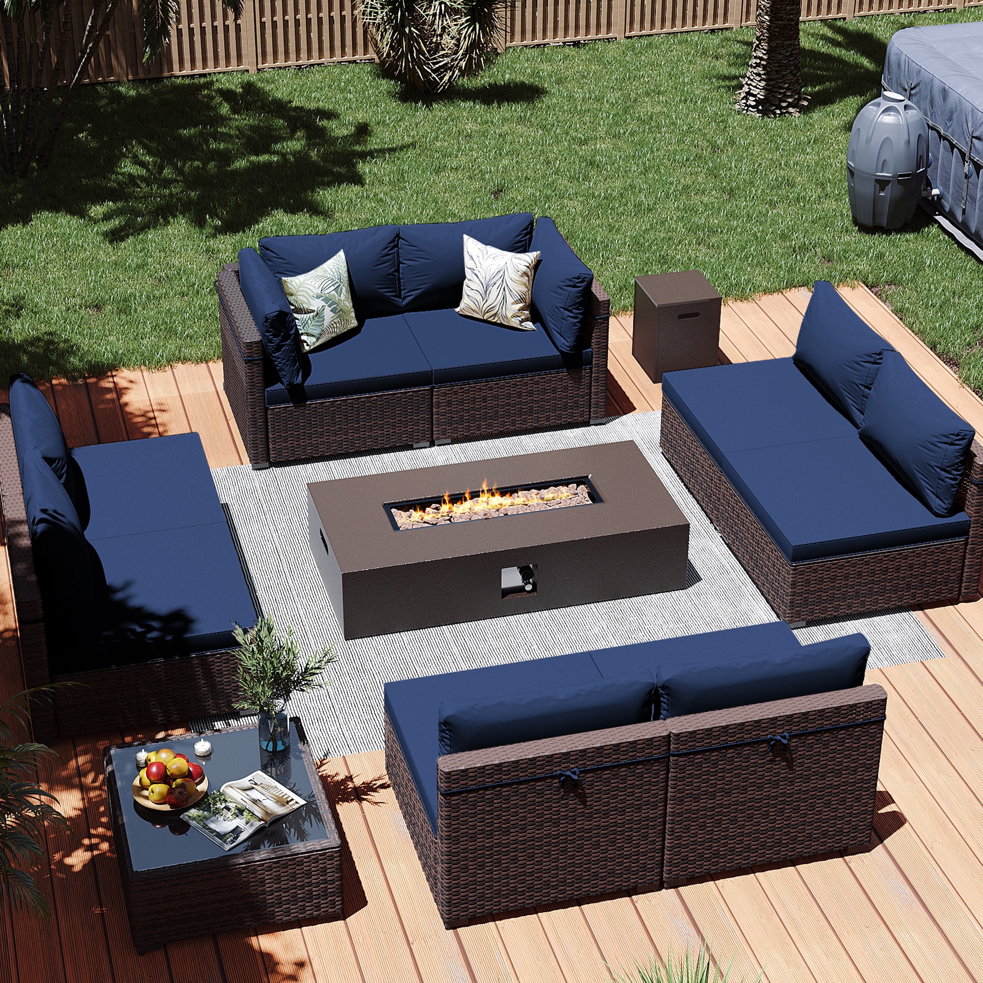 Patio Watcher LS-RT9-KD56BR-B2 10 -Piece Rattan Patio Conversation Set with Blue Cushions
