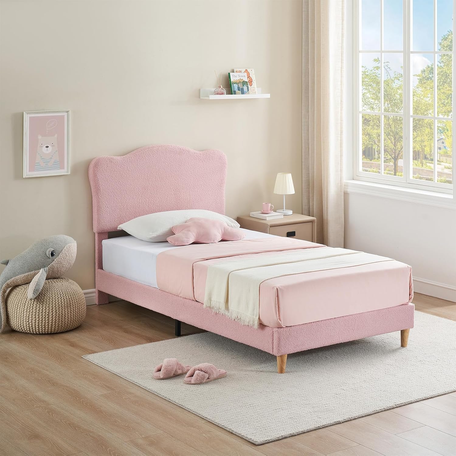 Qeetex LHF-BED-PHO-1502P8TS Twin Size Upholstered Bed Frame with Adjustable Headboard Boucle Upholstered Platform Bed for Kids Strong Wood Slats No Box Spring Needed Noise-Free Easy Assembly Pink