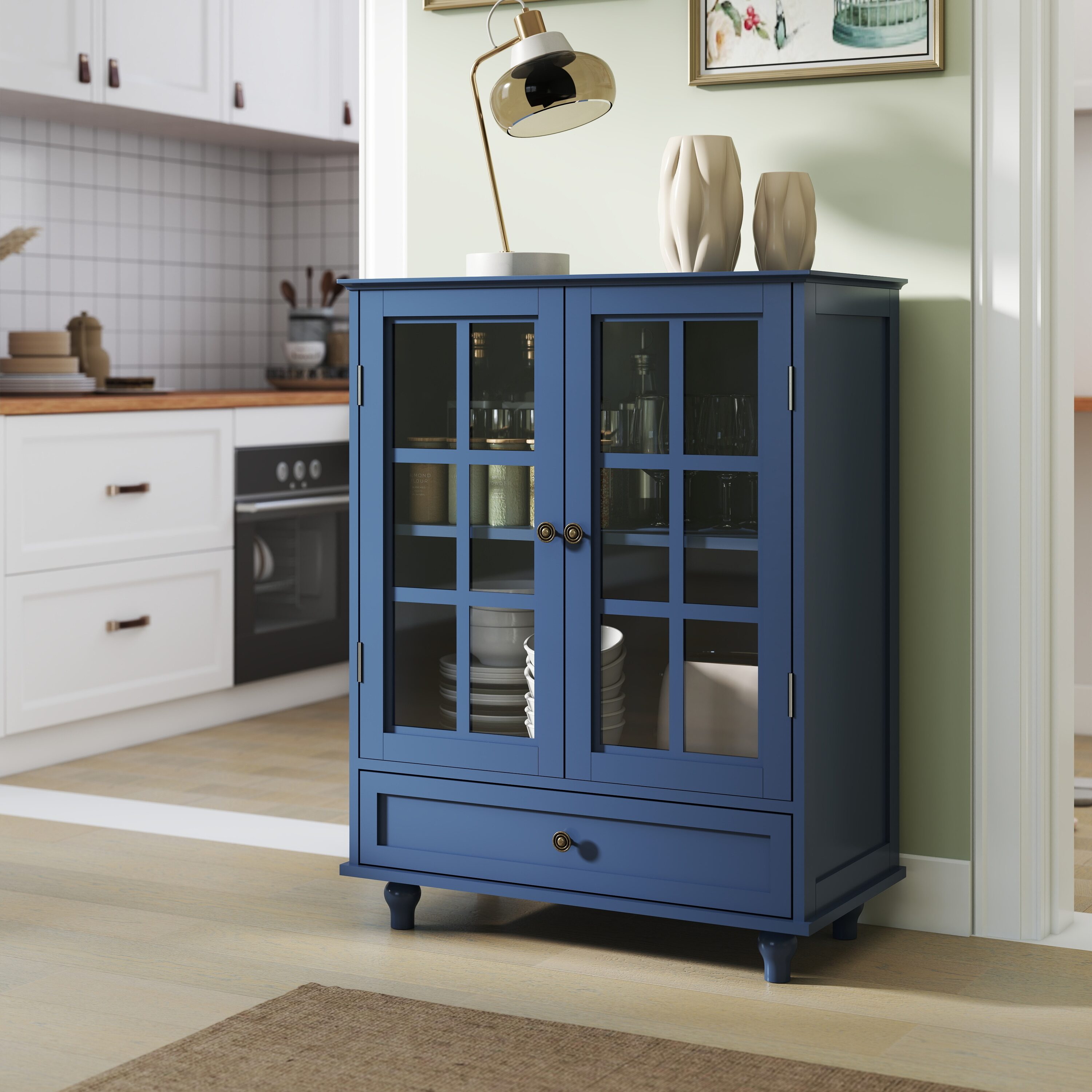 LUXEYARD Vintage Blue Minimalist Buffet Cabinet with Double Glass Doors and Drawer for Living Room Dining Room Hallway Entryway