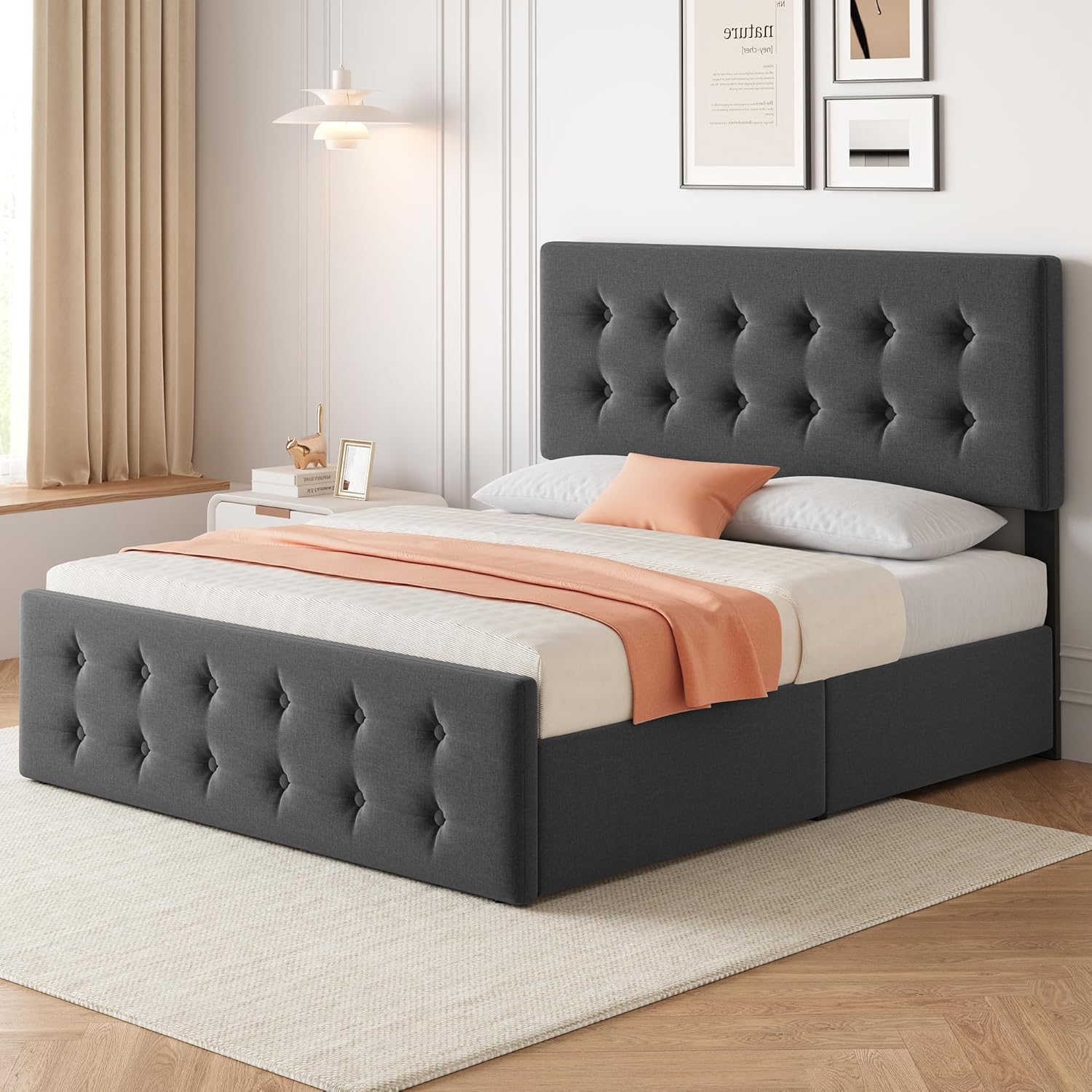 Qeetex LHF-BED-PHO-121UVYOI Full Size Bed Frame with 4 Storage Drawers and Headboard Linen Upholstered Platform Bed Frame with Wooden Slats Support Button Tufted Design No Box Spring Needed Dark Grey