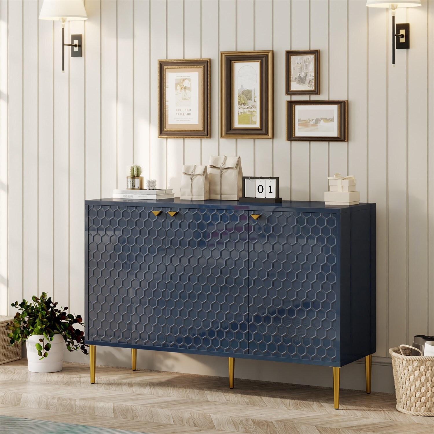 Blue Honeycomb Pattern MDF Office Cabinet with Adjustable Shelving