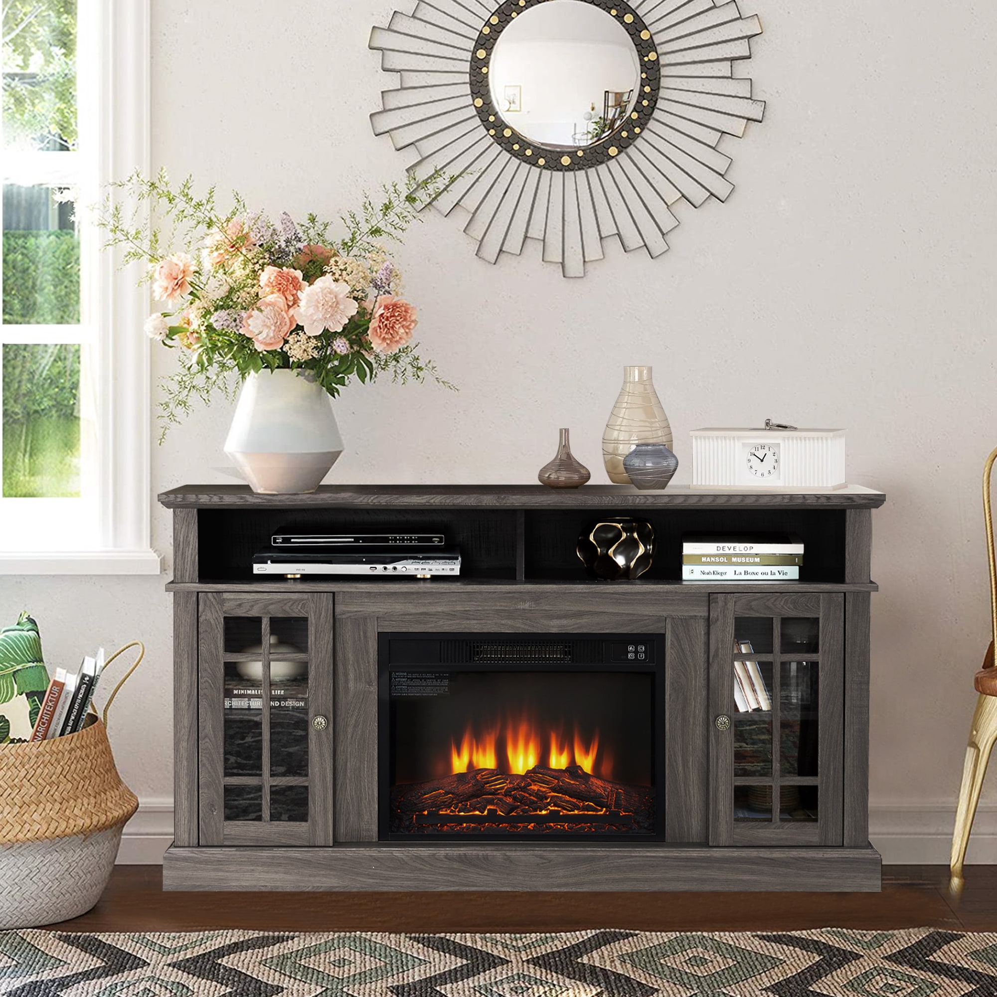 Fun Orange FUNS2TS04 58.25-Inches W Dark Walnut TV Stand with Fan-forced Flat wall Electric Fireplace with Remote Control Included