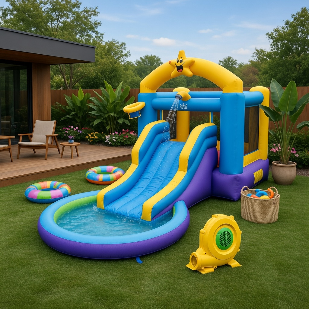 VERYKE Ocean Adventure Inflatable Bounce House with Slide Dual Pools and 680W Blower Blue Kids Play Center for Lawn Backyard or Indoor Use Ages 3 10