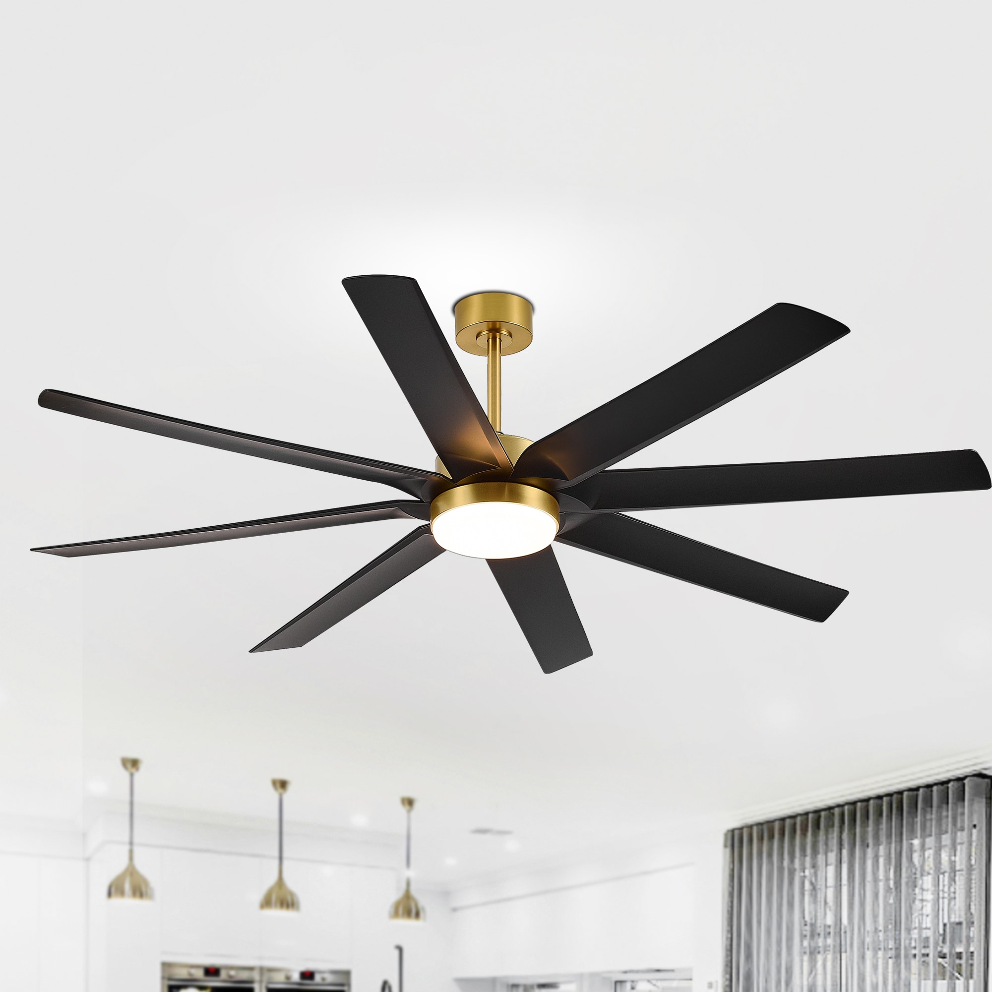 Breezary 23044-GB Windmill 70-in Color-Changing Integrated LED Matte Black and Gold with Black Blades Ceiling Fan With Light - Remote Included ( 8 -Blade )
