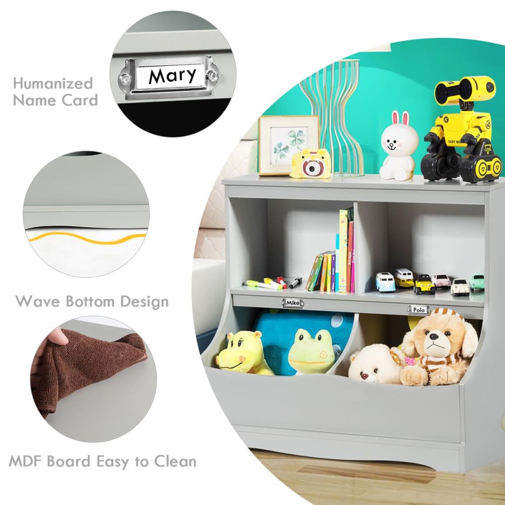 3-Tier Children's Multi-functional Bookcase Toy Storage Bin Floor Cabinet-Gray