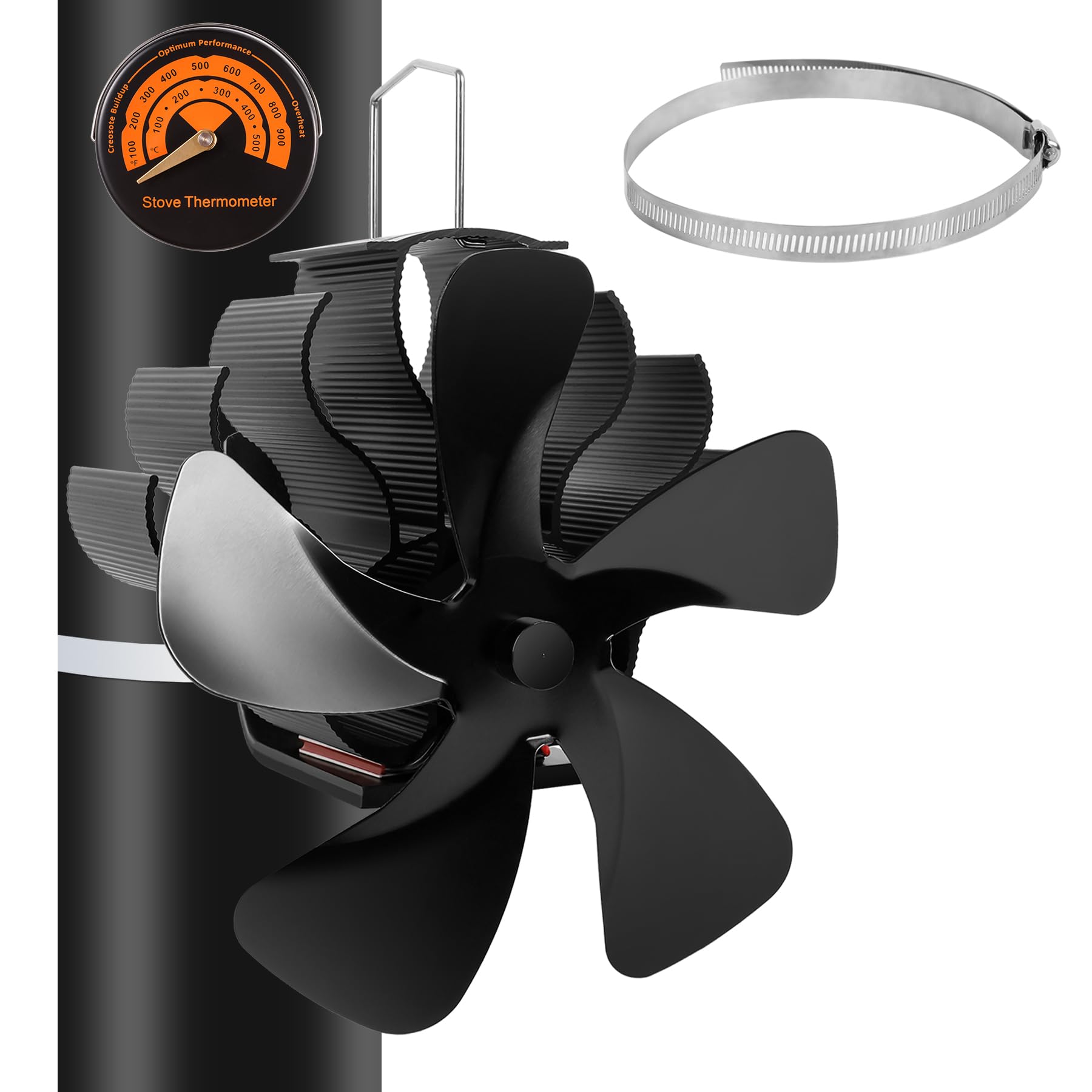 AKSCYZM  Heat Powered Wood Chimney Stove Fan Five Blades Silent Operation Motor for Wood Burning Stove Pellet Log with Magnetic Thermometer