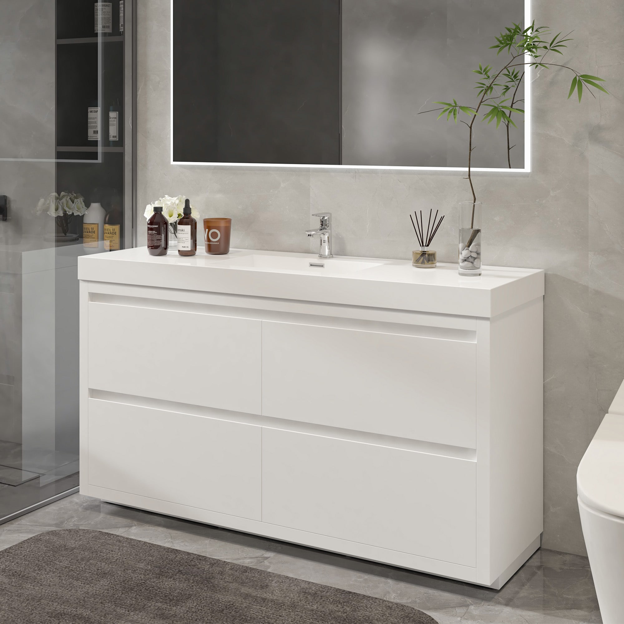 Glossy White 60-Inch Single Sink Bathroom Vanity with Resin Top