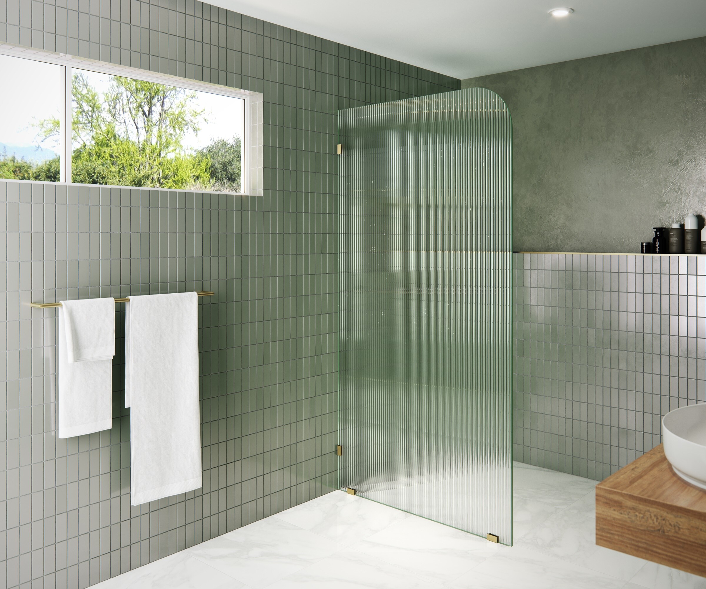 Glass Warehouse FL-RAD-40-L-SB Aurora Satin Brass 40-in x 78-in Frameless Fixed Shower Door