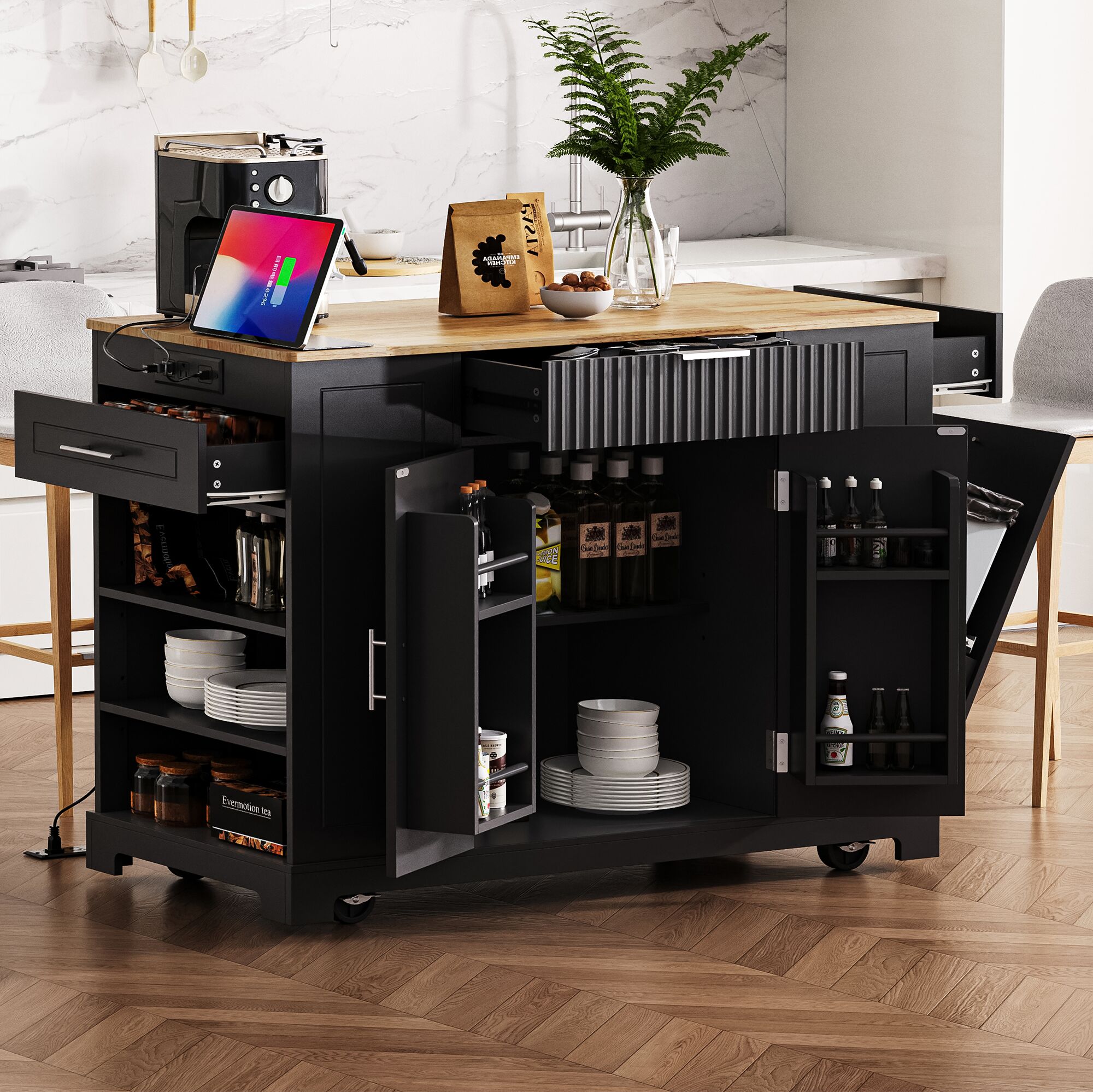 ModernLuxe N707P221571B Fluted Kitchen Island with Trash Can Storage Cabinet Power Outlet Internal Storage Rack Rolling Kitchen Islands on 5 Wheels with 3 Drawer 3 Open Side Racks for 10 Gallon Garbage Bin Black