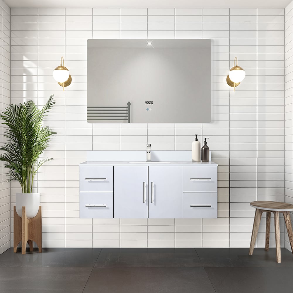 Lexora LVG48SM210 Geneva 48-in Glossy White Undermount Single sink Floating Bathroom Vanity with White Quartz Top (Mirror Included)