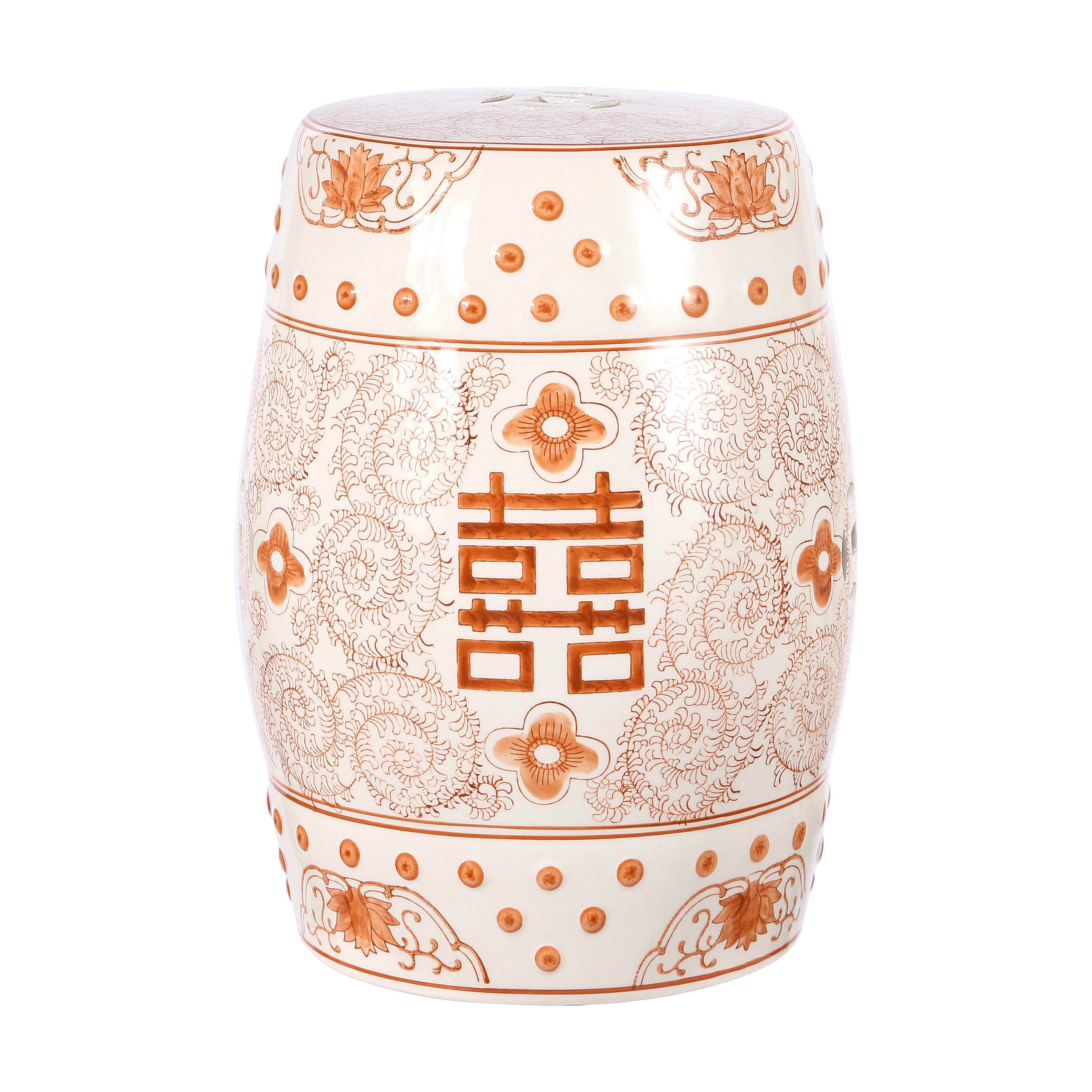 JONATHAN  Y TBL1013D Double Happiness Chinoiserie Bohemian Coastal 18-Inches Orange/White Ceramic Barrel Garden Stool