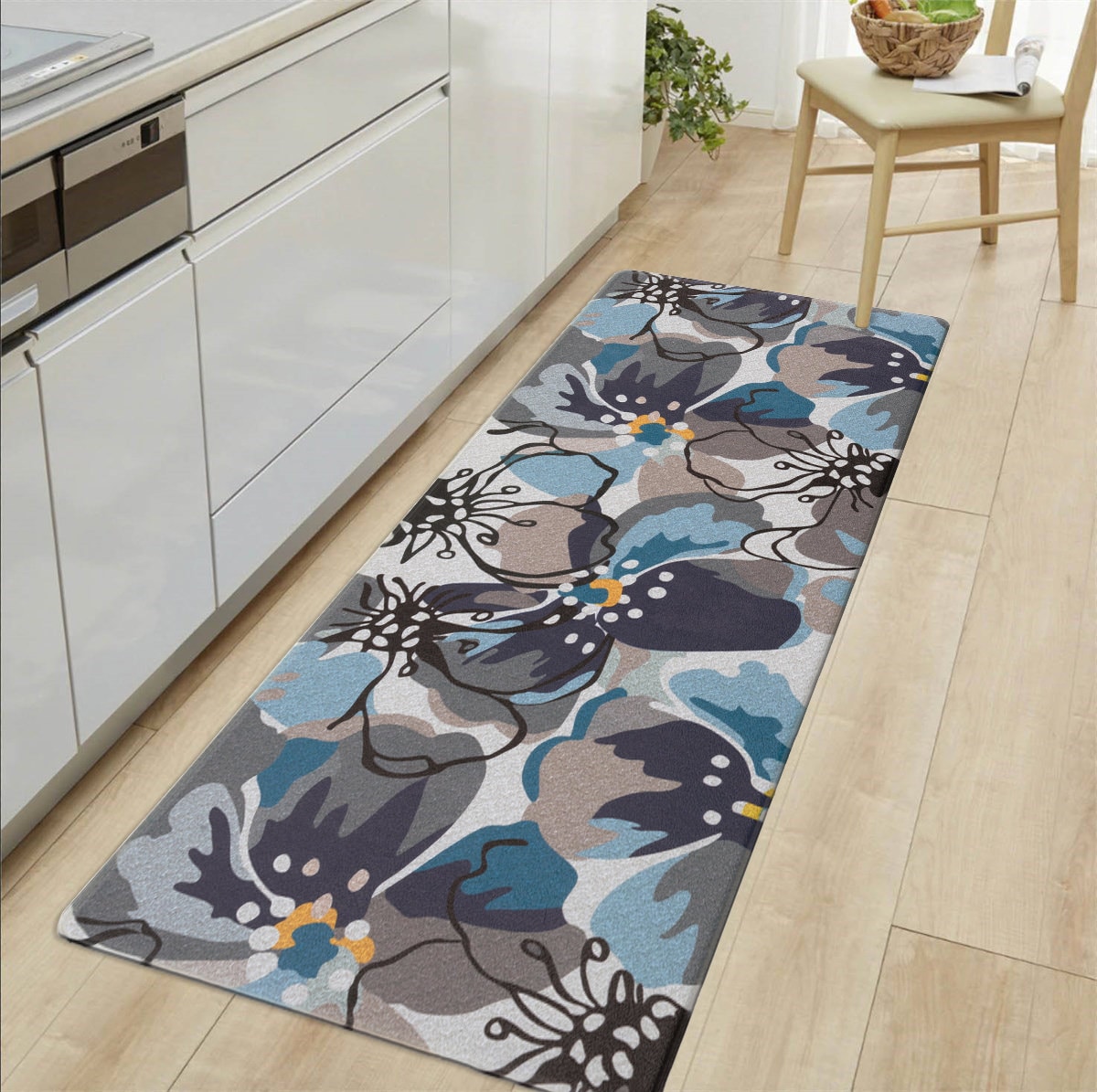 Blue and Gray Floral Anti-Fatigue Standing Mat 18" x 47"