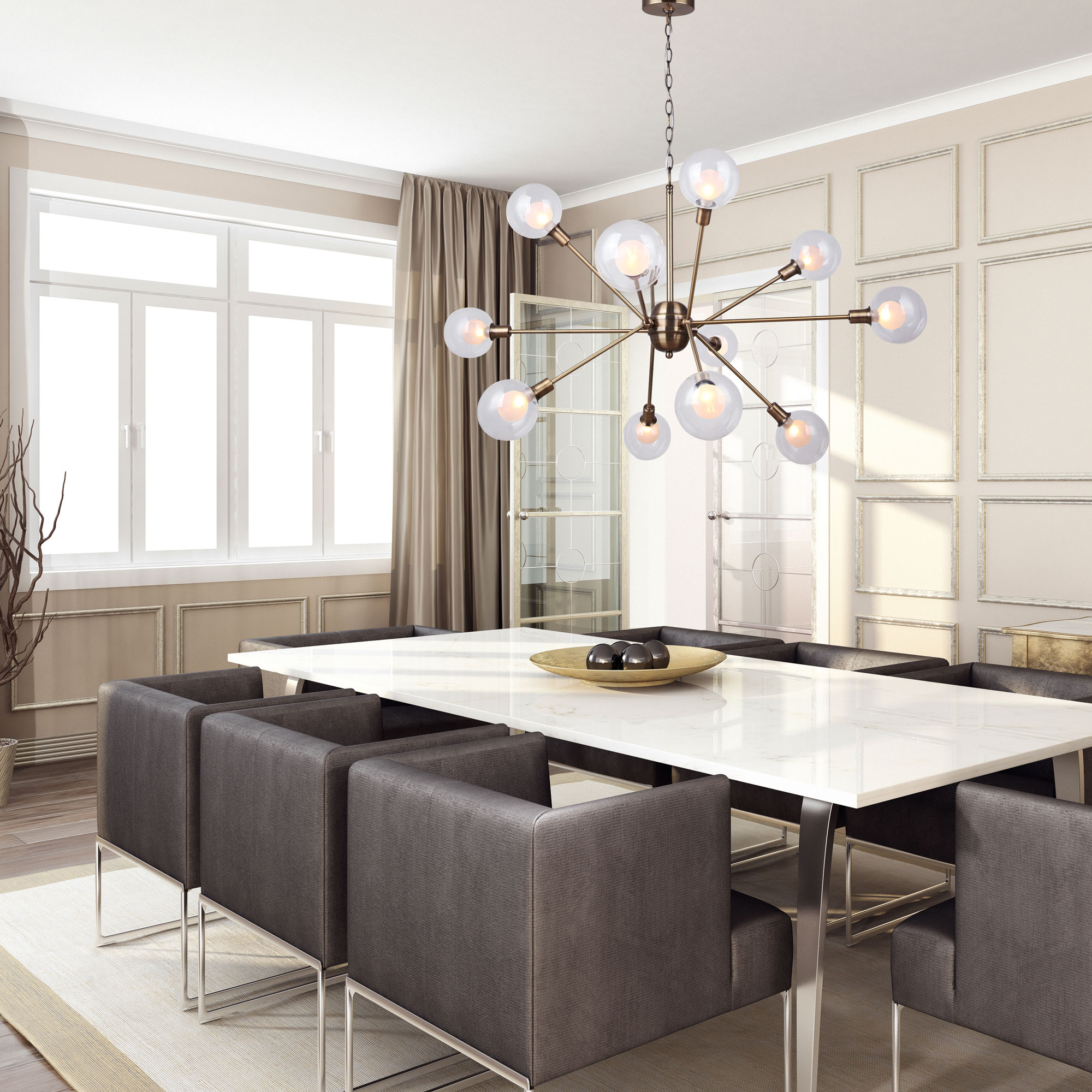 Gold Sputnik 12-Light Chandelier with Double Glass Shades