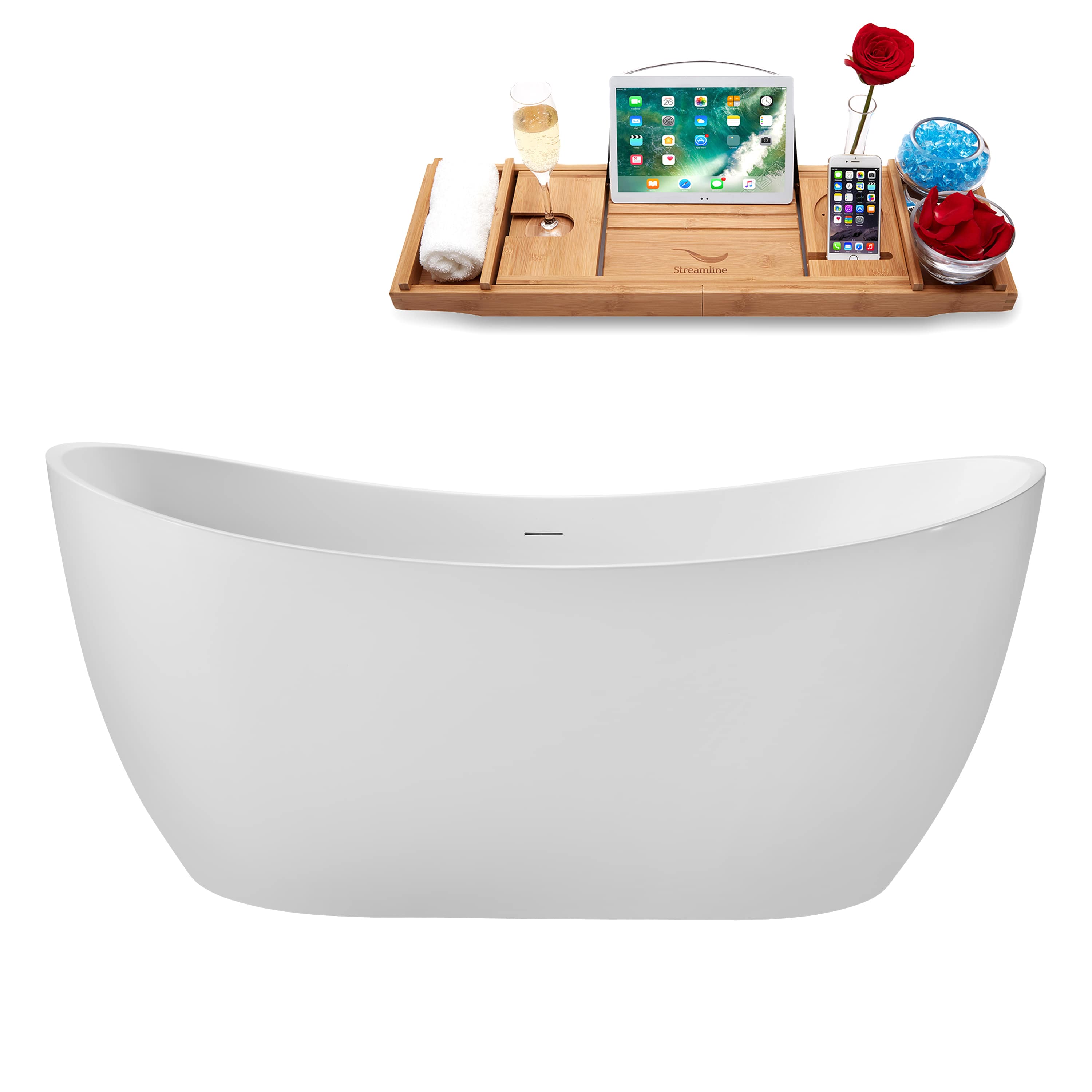 Streamline 66 inch  Soaking Glossy White Freestanding Tub and Tray With Internal Drain in Brushed Brass