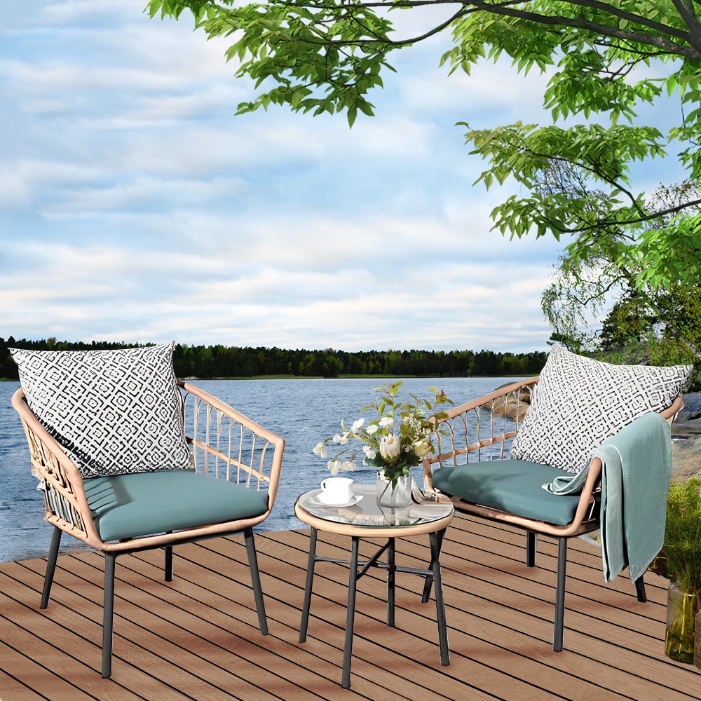 Sunrinx 3 Piece Patio Conversation Set with Green Cushions in the