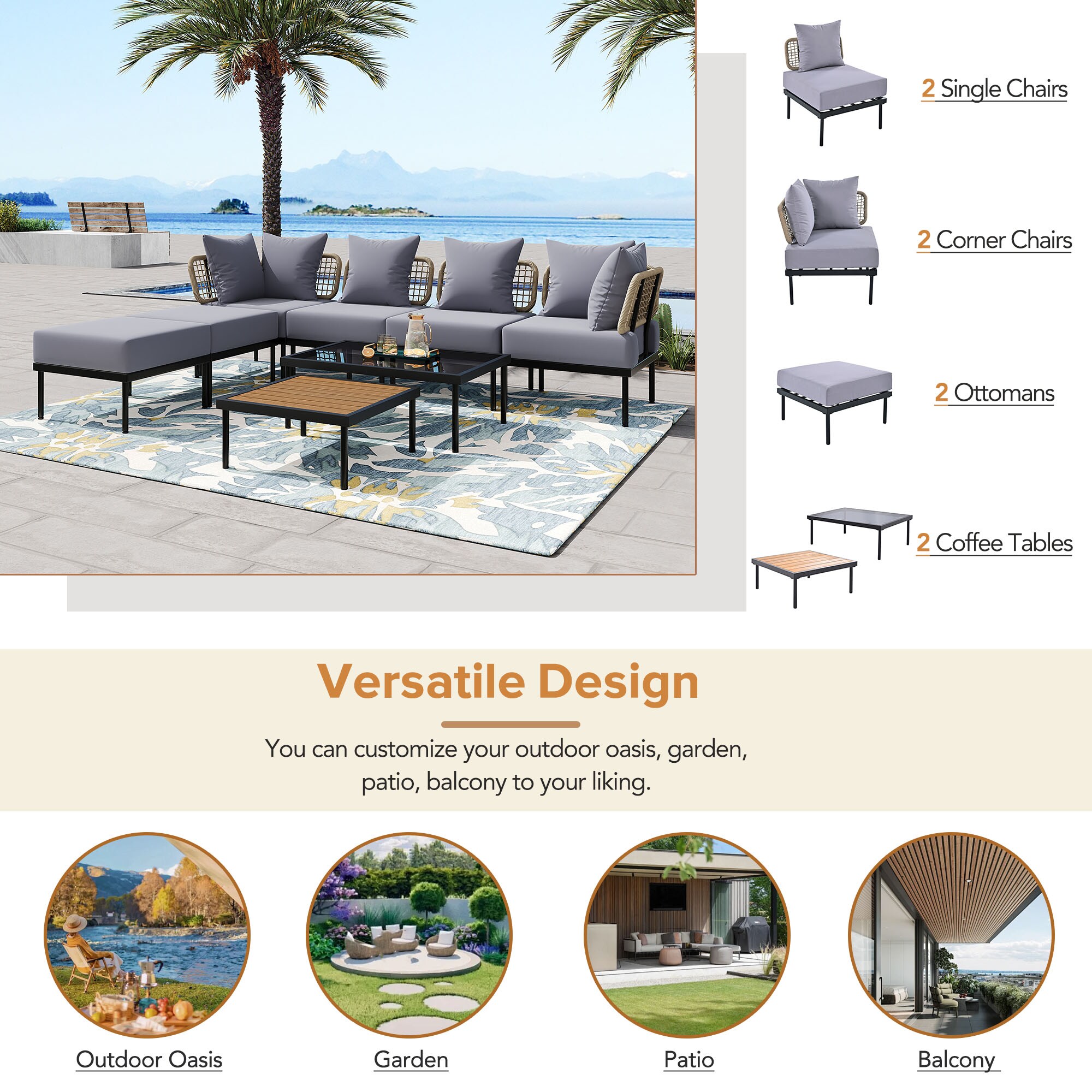 8-Piece Light Grey Steel Patio Sectional Sofa Set with Cushions