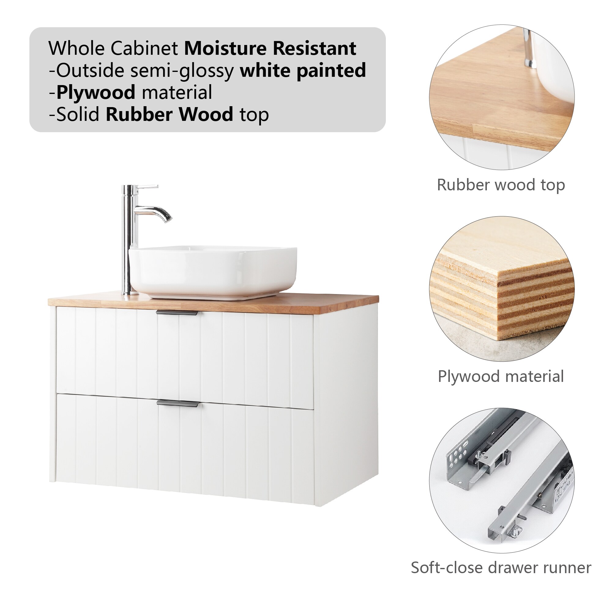 Tahanbath 32 Inch Double Drawer Wall Mounted Bathroom Vanity White ...