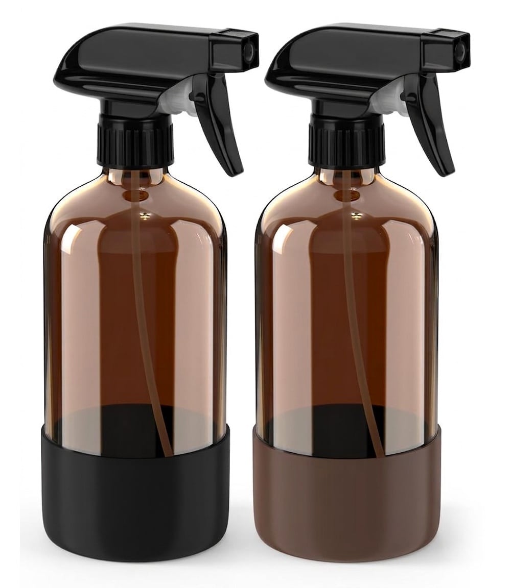 Etokfoks  Amber Glass Fine Mist Spray Bottle with Silicone Sleeve UV Protection for Cleaning Essential Oils Hair Care 2 Pack 16 oz