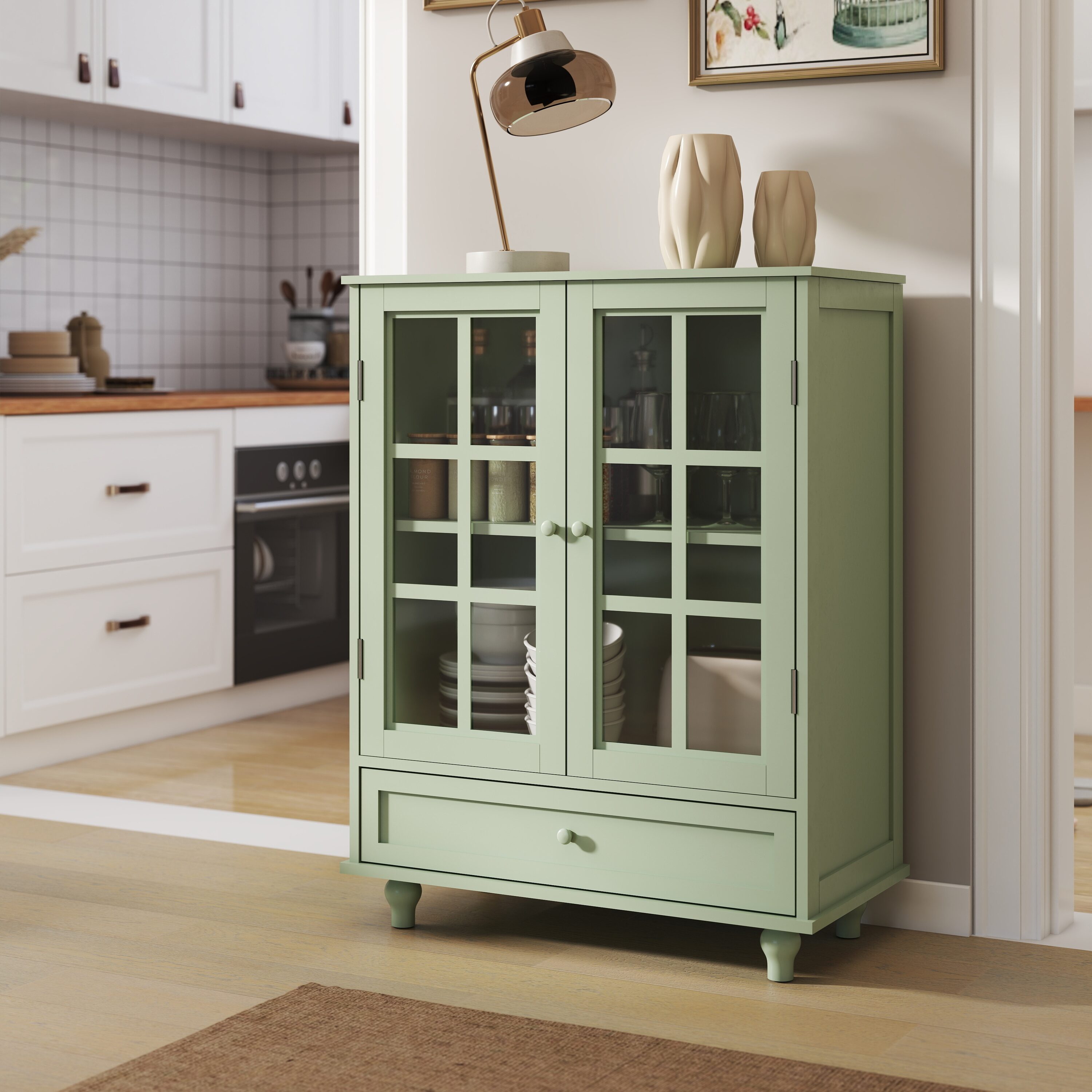 LOVMOR SF-M-W2557P262926 Minimalism Buffet Cabinet with Double Glass Doors and Drawer  Modern Wooden Storage Sideboard Cupboard for Living room  Dining Room Hallway Entryway Mint Green