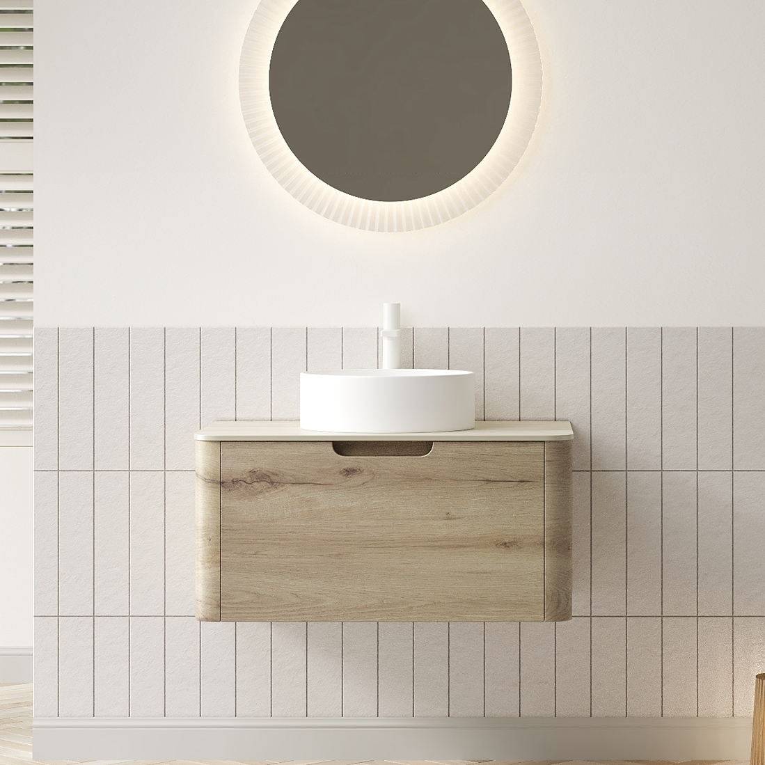 Tahanbath 30 inches Bathroom Vanity with Sink Wall-Mounted Plywood Storage Cabinet with Drawer White Round Ceramic Basin and Roma Travertine-Pattern Sintered Stone Top Pre-assembled White Oak Woodgrain Color