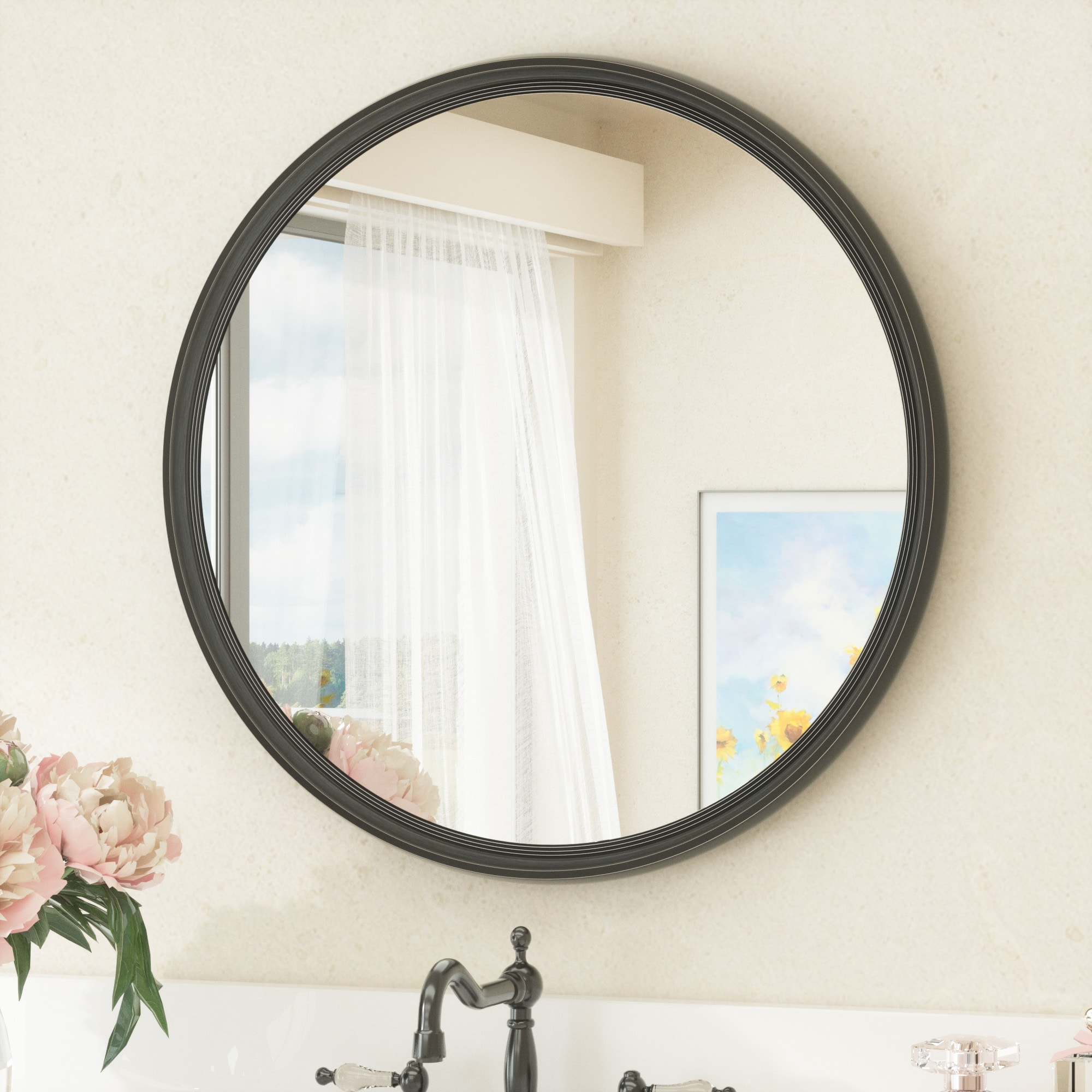 Keonjinn LW-YX18-R41BK Bathroom Mirrors 16-in W x 16-in H Round Matte Black Beveled Wall Mirror