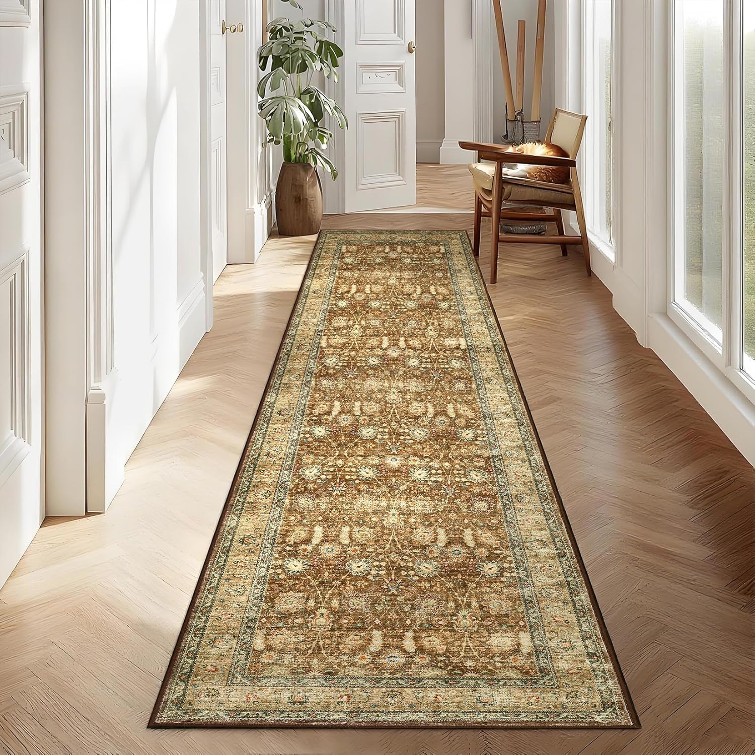 Qeetex WWJ-PHK-34LS4TEC Washable Area Rug Vintage Floral  Pastel Oriental Soft Low-Pile Carpet Stain Resistant Non-Slip for Bedroom Laundry Hallway Kitchen Brown