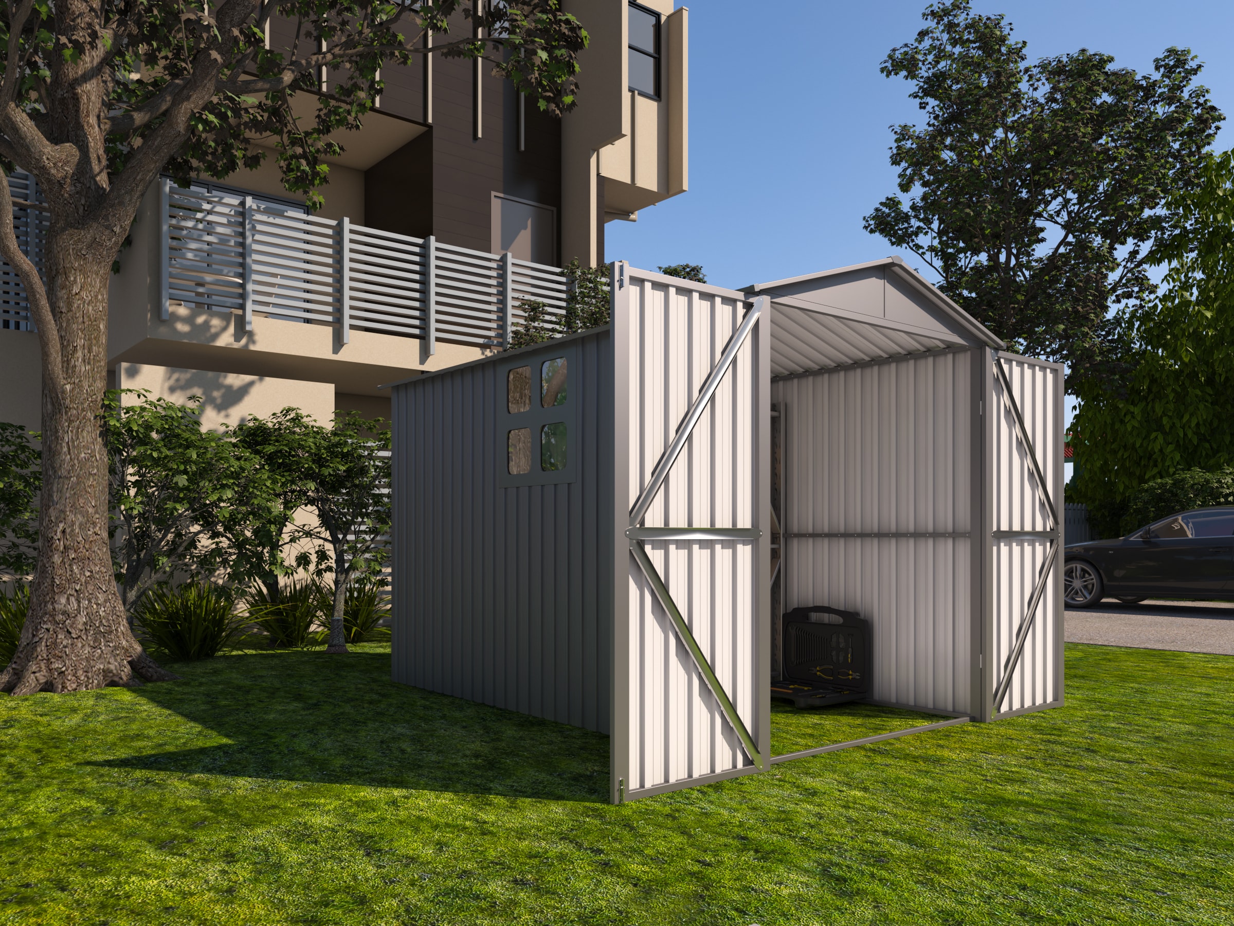 GDFStudio 329247 Motorcycle Steel Storage Shed with Window Tracks and Fixtures Grey