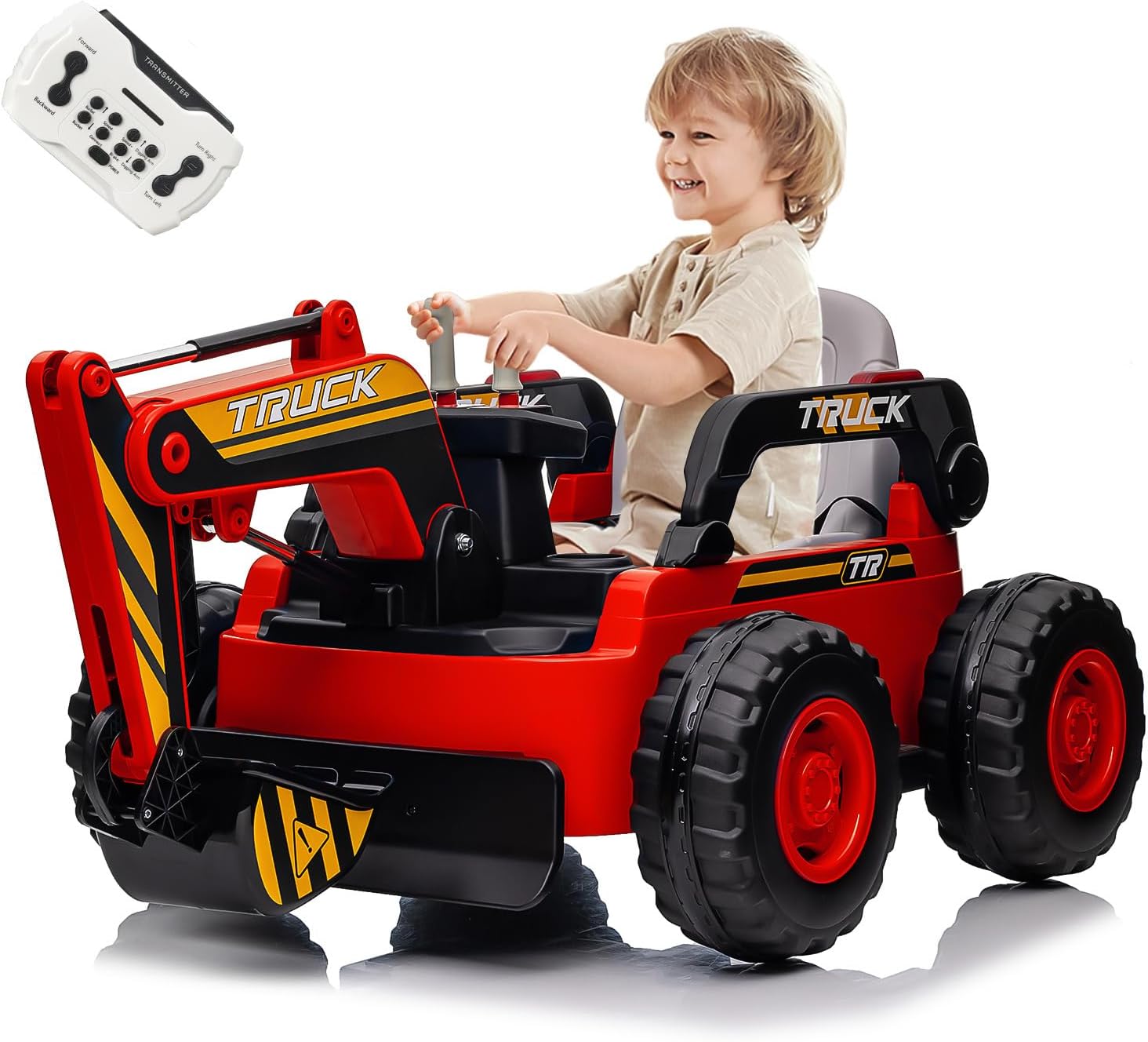 Qeetex KIDSPTO0ZFWTTGV Electric Ride On Excavator Toy For Kids 4WD 12V Battery Powered Construction Digger With Remote Control Bluetooth Music USB Player And Safety Features For Toddlers Red
