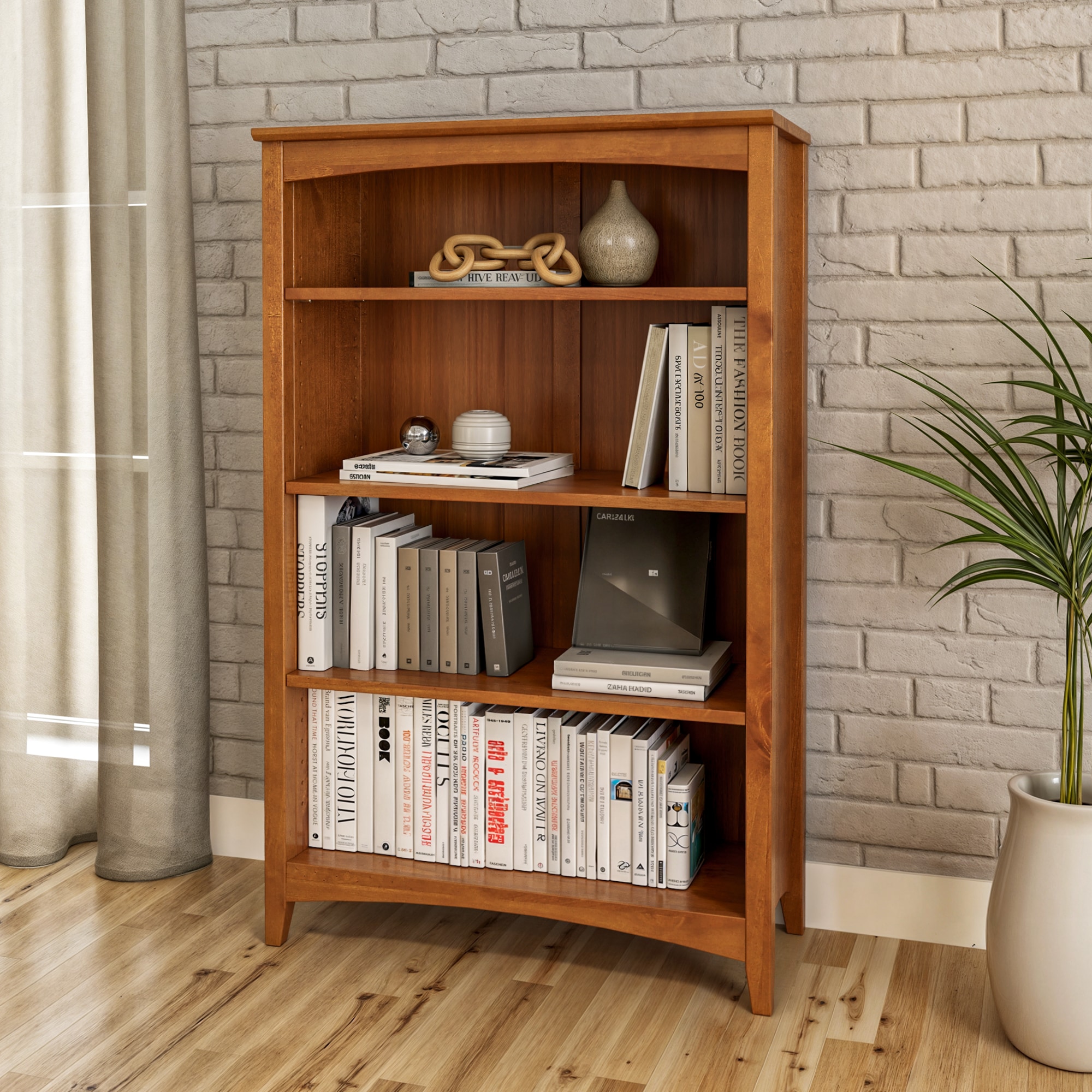 Camaflexi SHK355 Shaker Style Cherry Wood 4 -Shelf Bookcase ( 30-in W x 48-in H x 13-in D ) Finished