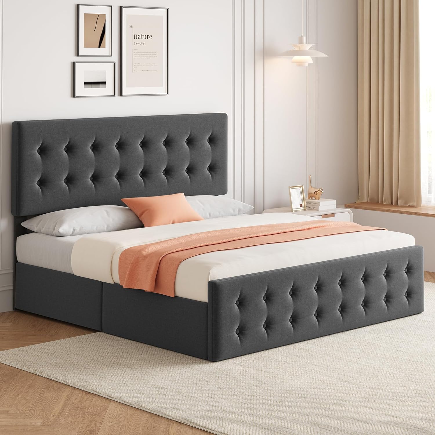 Qeetex LHF-BED-PHO-121U1PW5 King Size Bed Frame with 4 Storage Drawers and Headboard Linen Upholstered Platform Bed Frame with Wooden Slats Support Button Tufted Design No Box Spring Needed Dark Grey