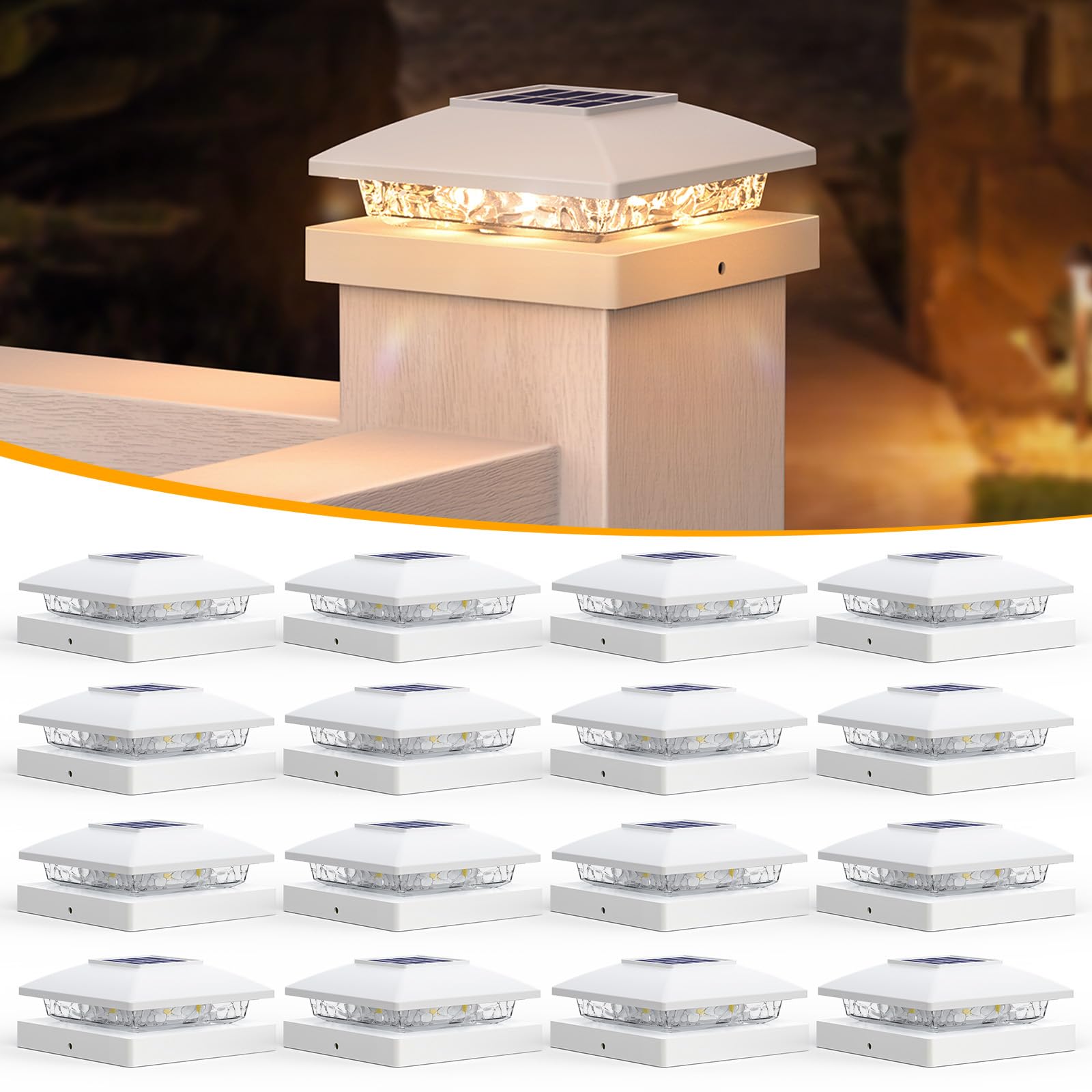 Justincity  16 pack solar post cap lights for 4x4 and 5x5 posts warm white LED IP64 waterproof auto on off outdoor deck fence patio garden