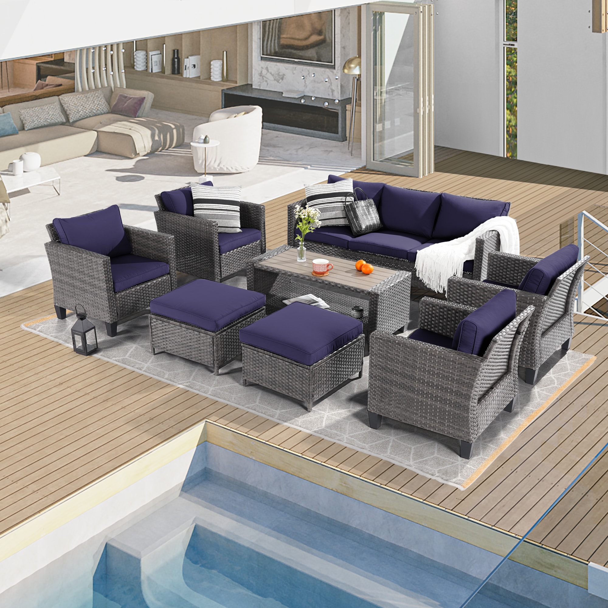 ACEGOSES LW-ST21-115HNY Skytop 8 -Piece Wicker Patio Sofa Conversation Set with Blue Cushions