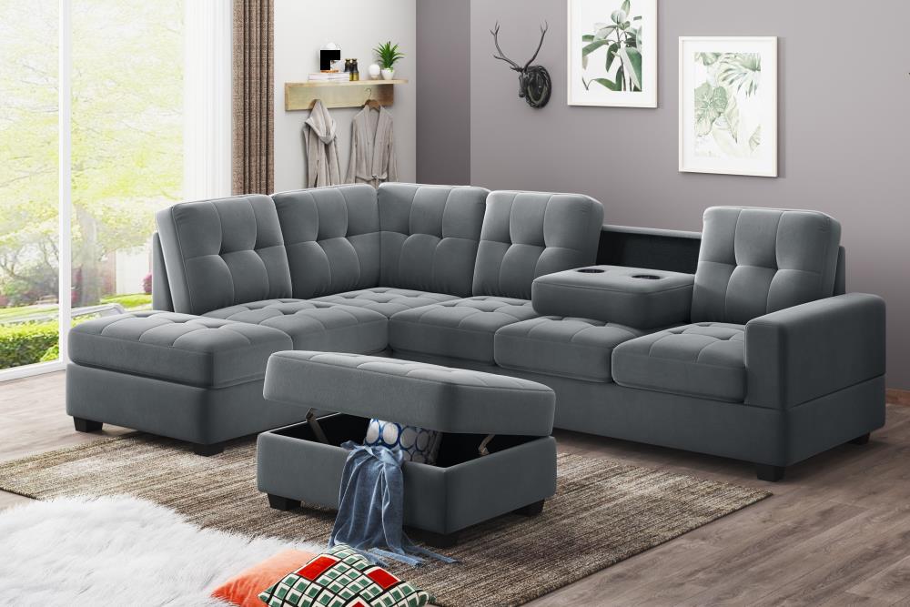 Grey kupet Reversible Sectional Sofa for Living Room with Soft Suede Fabric Chaise Lounge and Storage Ottoman