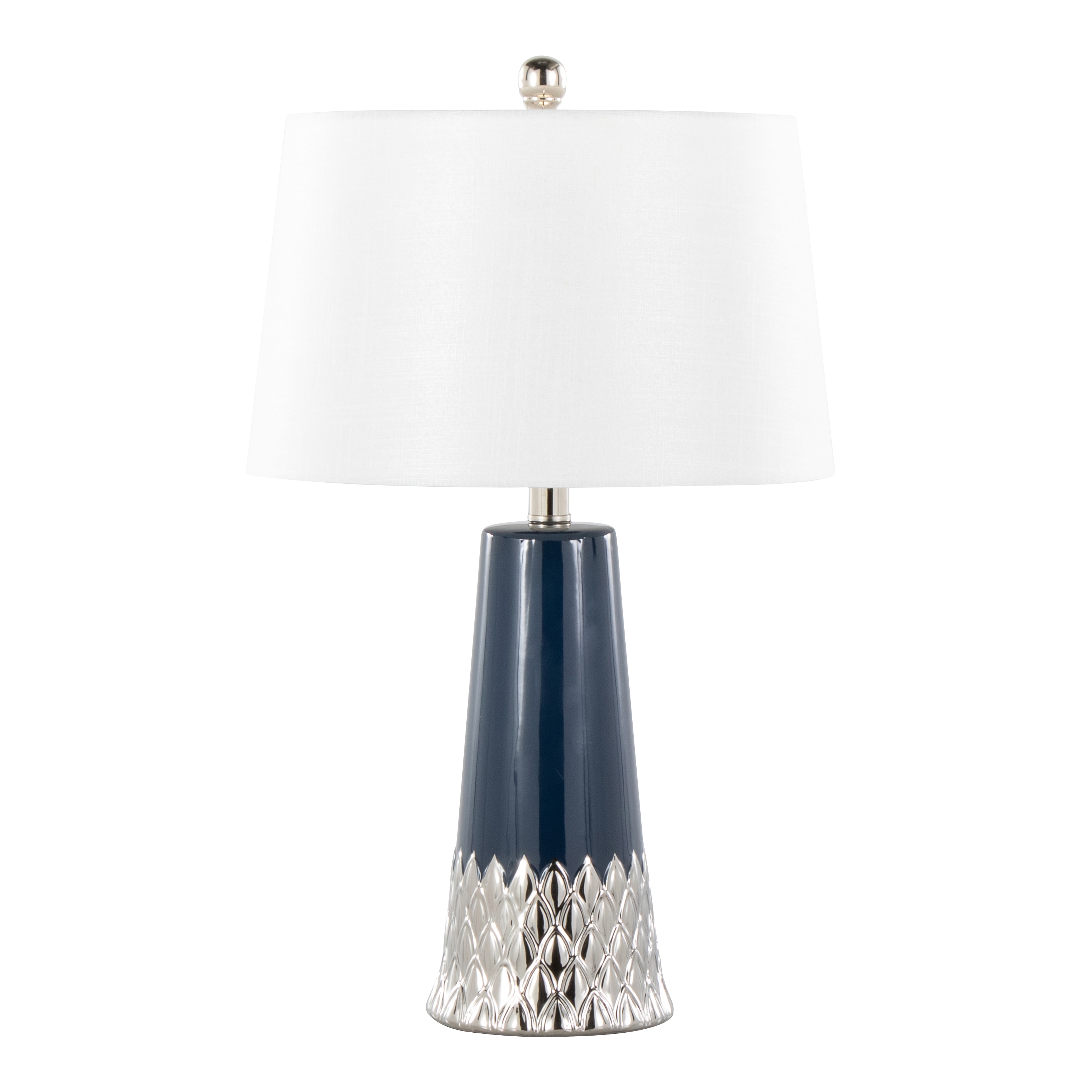 JUSHUA Penelope 22 Inch Contemporary Ceramic Table Lamp With Dark Blue And Silver Ceramic Body And White Shade