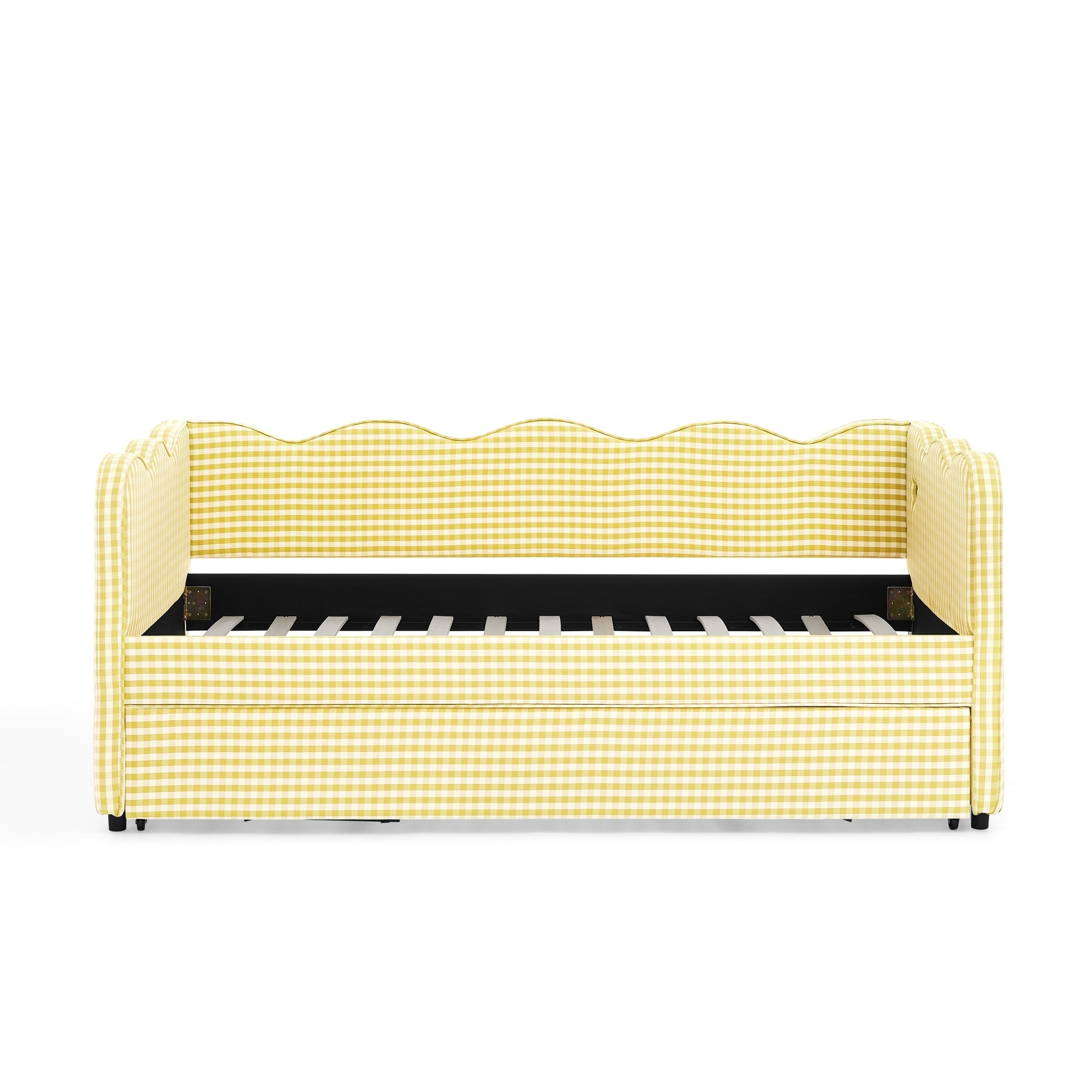 Horizons Prime - Twin Yellow Linen Fabric Cozy Gingham Daybed with Trundle Sofa Bed with USB Port...