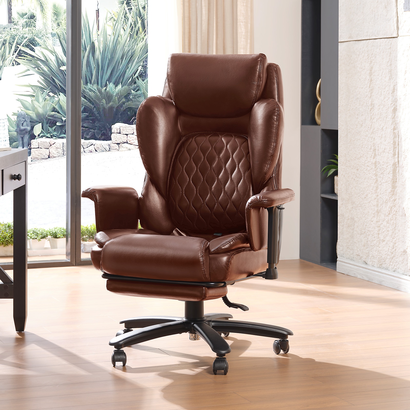 Bestier 31.5-in W Leather Office Chair with 5-Level Adjustable Lumbar Support and Height Adjustable Armrests with Retractable Footrest for Home Office