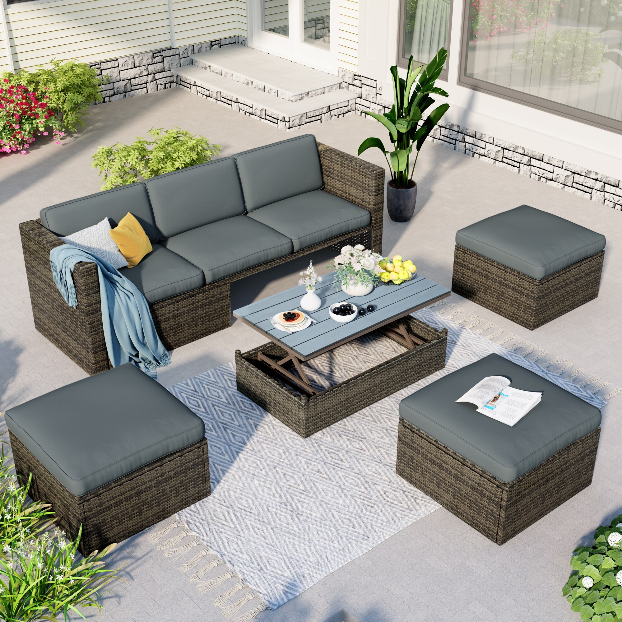 ModernLuxe L-WY000217EAA 5 -Piece Rattan Patio Sofa Conversation Set with Gray Cushions