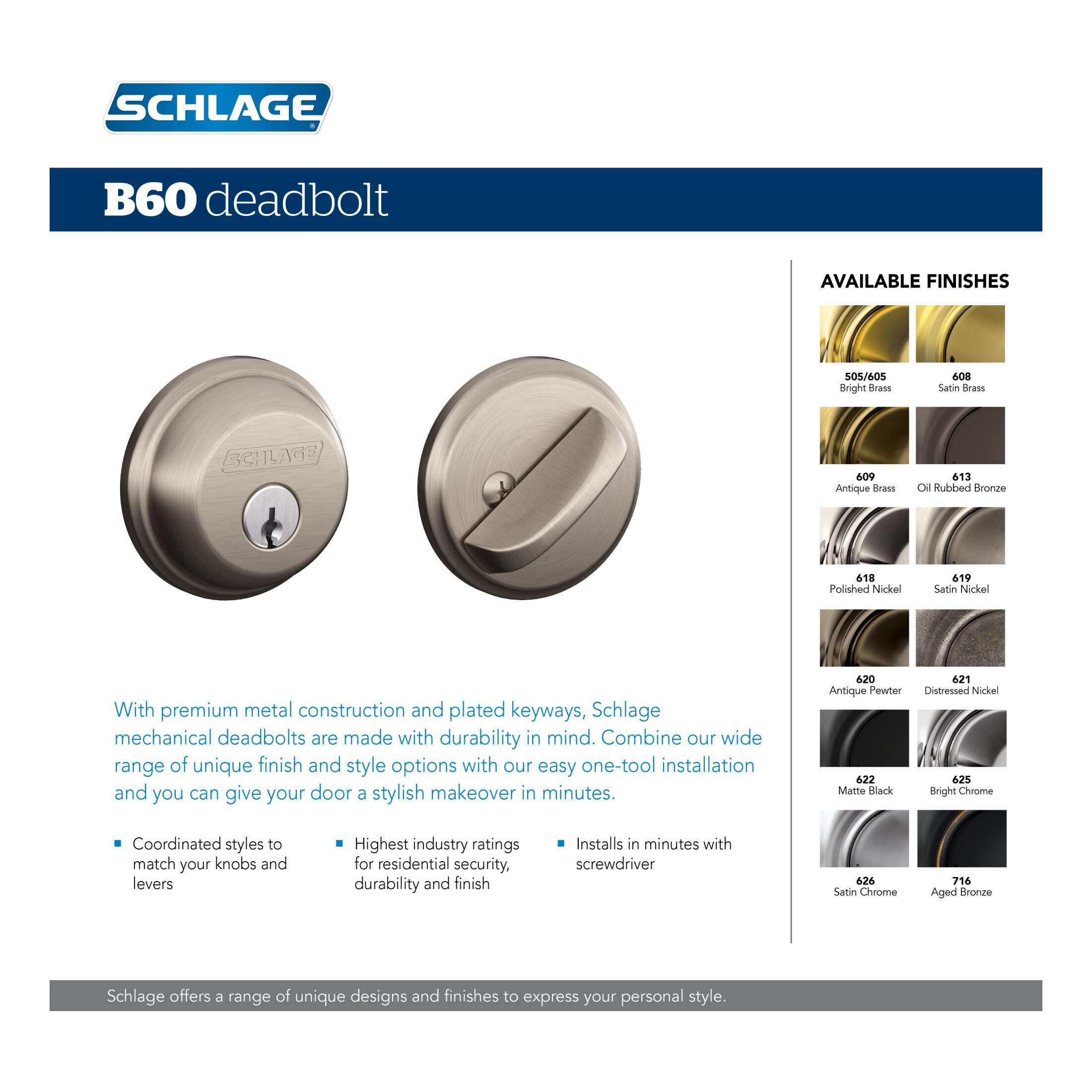 Schlage B60 N G 505 605 Door-Deadbolts - View #6