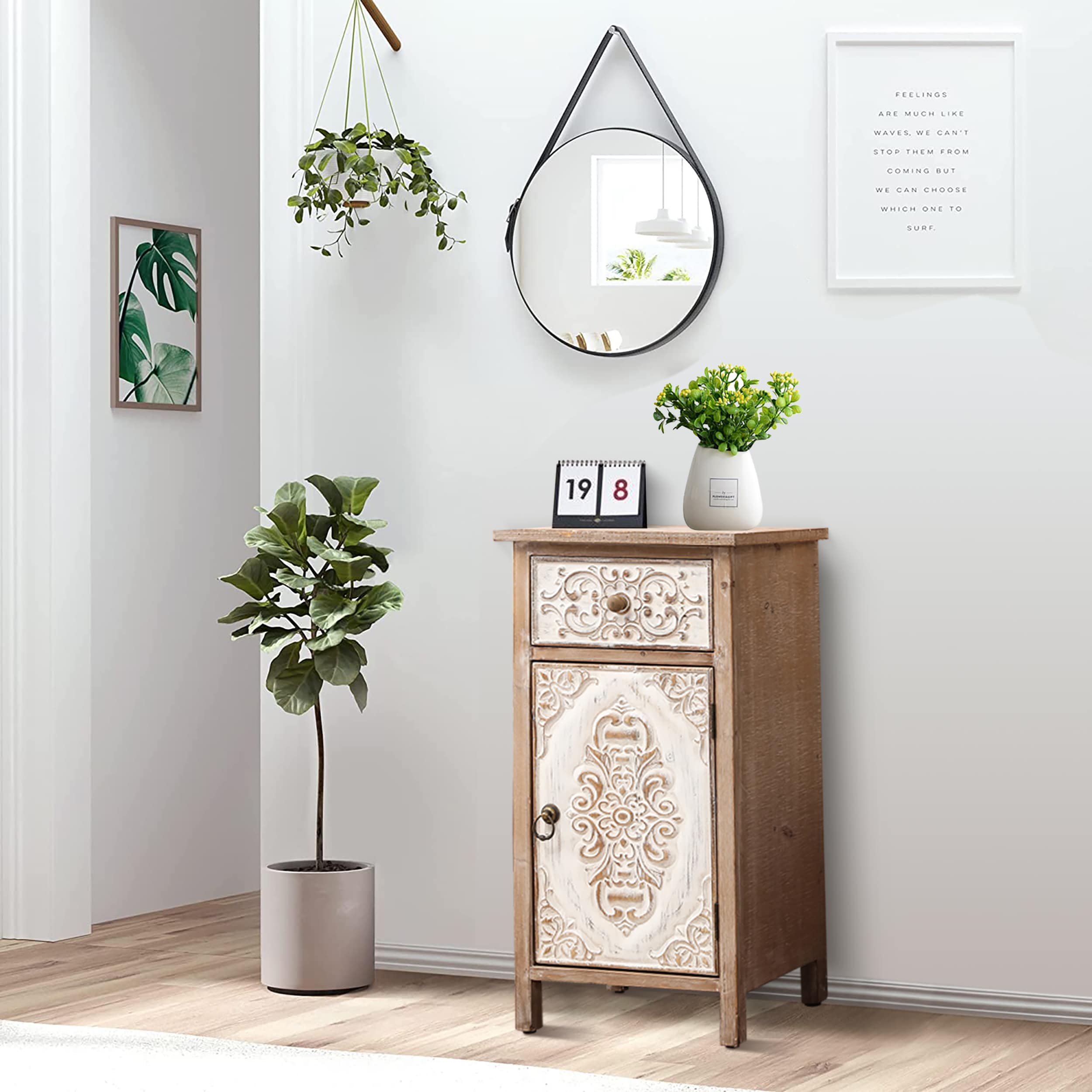 Rustic Floral Carved Wood and Metal End Table with Storage